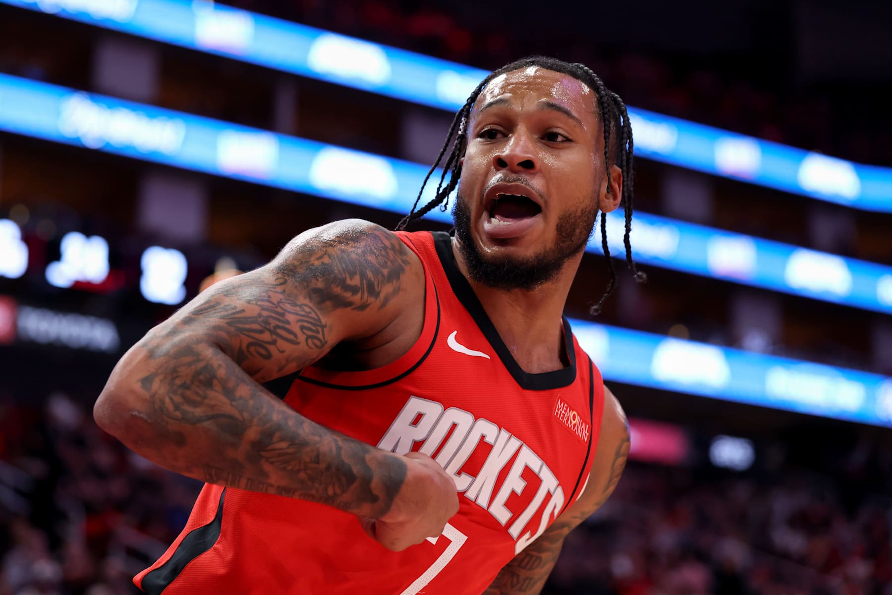 HOUSTON, TEXAS - JANUARY 22: Cam Whitmore #7 of the Houston Rockets reacts after a basket in the first half against the Cleveland Cavaliers at Toyota Center on January 22, 2025 in Houston, Texas.  NOTE TO USER: User expressly acknowledges and agrees that, by downloading and/or using this photograph, user is consenting to the terms and conditions of the Getty Images License Agreement.  (Photo by Tim Warner/Getty Images)
