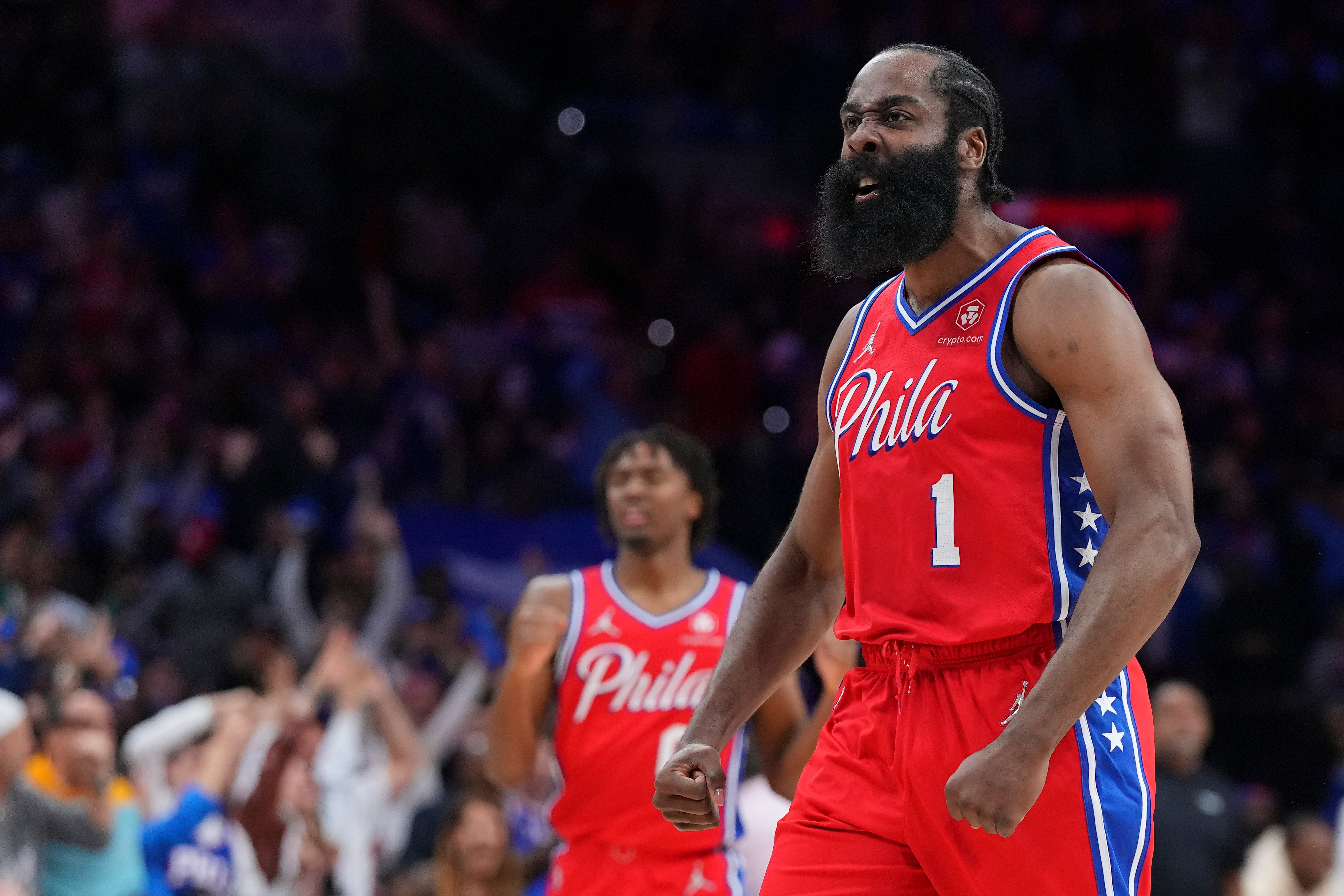 PHILADELPHIA, PA - MAY 08: James Harden #1 of the Philadelphia 76ers reacts against the Miami Heat during Game Four of the 2022 NBA Playoffs Eastern Conference Semifinals at the Wells Fargo Center on May 8, 2022 in Philadelphia, Pennsylvania. The 76ers defeated the Heat 116-108. NOTE TO USER: User expressly acknowledges and agrees that, by downloading and or using this photograph, User is consenting to the terms and conditions of the Getty Images License Agreement. (Photo by Mitchell Leff/Getty Images)