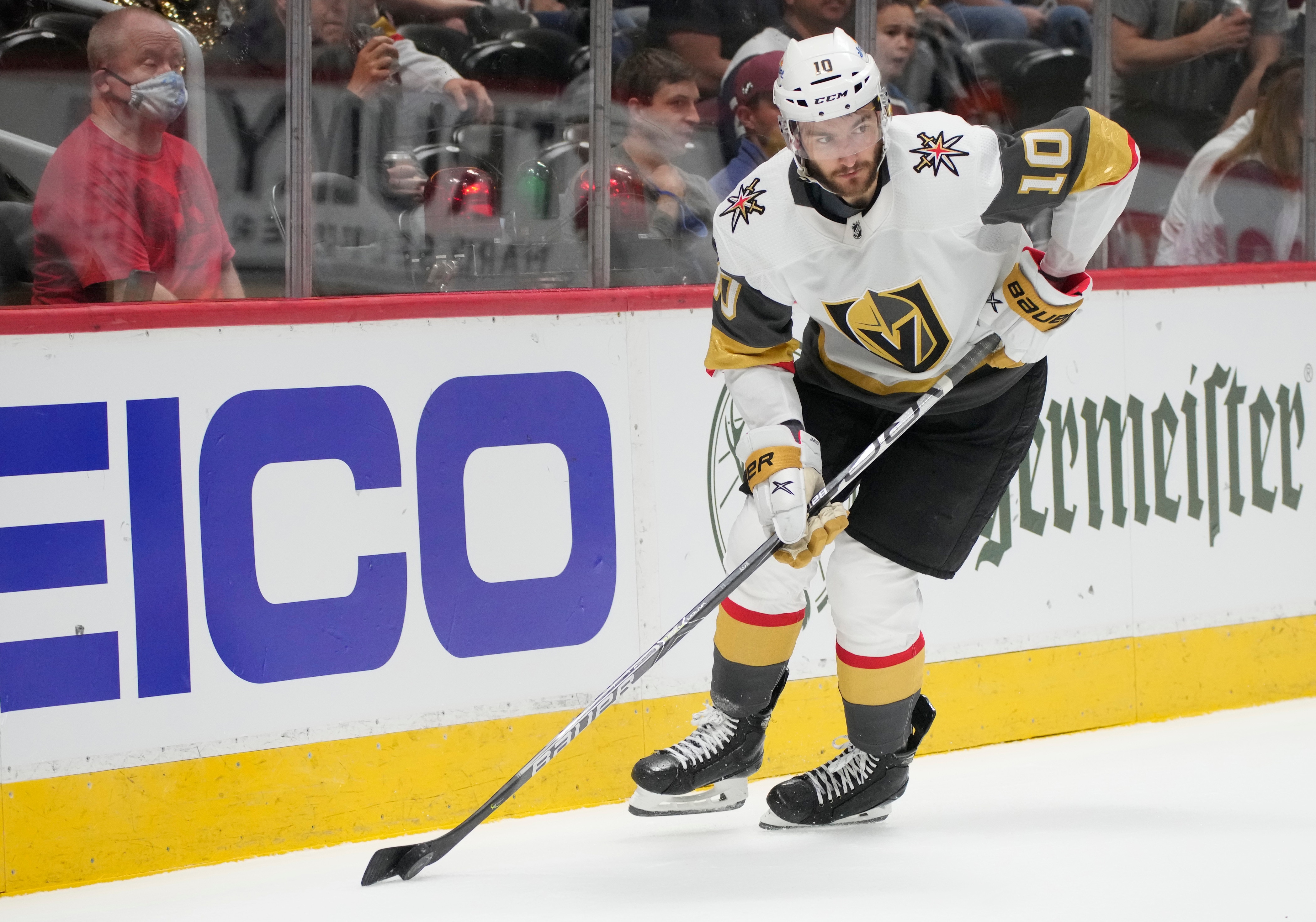 Vegas Golden Knights center Nicolas Roy (10) in the first period of Game 5 of an NHL hockey Stanley Cup second-round playoff series Tuesday, June 8, 2021,in Denver. (AP Photo/David Zalubowski)