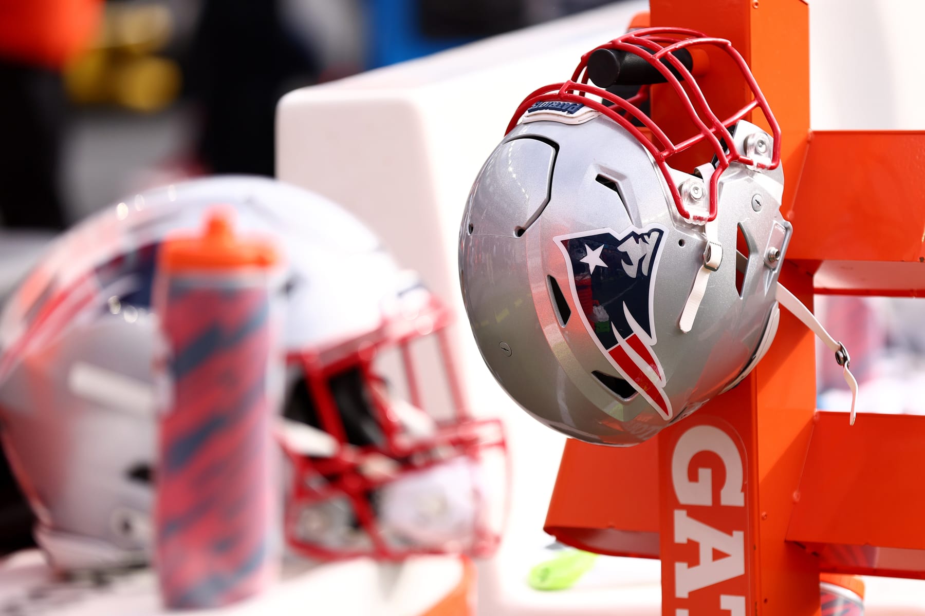 FOXBOROUGH, MASSACHUSETTS - OCTOBER 22: A New England Patriots helmet on the bench during the game against the Buffalo Bills  at Gillette Stadium on October 22, 2023 in Foxborough, Massachusetts. (Photo by Maddie Meyer/Getty Images)
