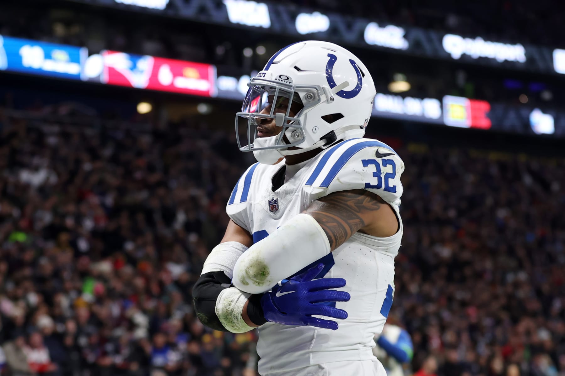 FRANKFURT AM MAIN, GERMANY - NOVEMBER 12: Julian Blackmon #32 of the Indianapolis Colts celebrates an interception in the fourth quarter during the NFL match between the Indianapolis Colts and the New England Patriots at Deutsche Bank Park on November 12, 2023 in Frankfurt am Main, Germany. (Photo by Alex Grimm/Getty Images)
