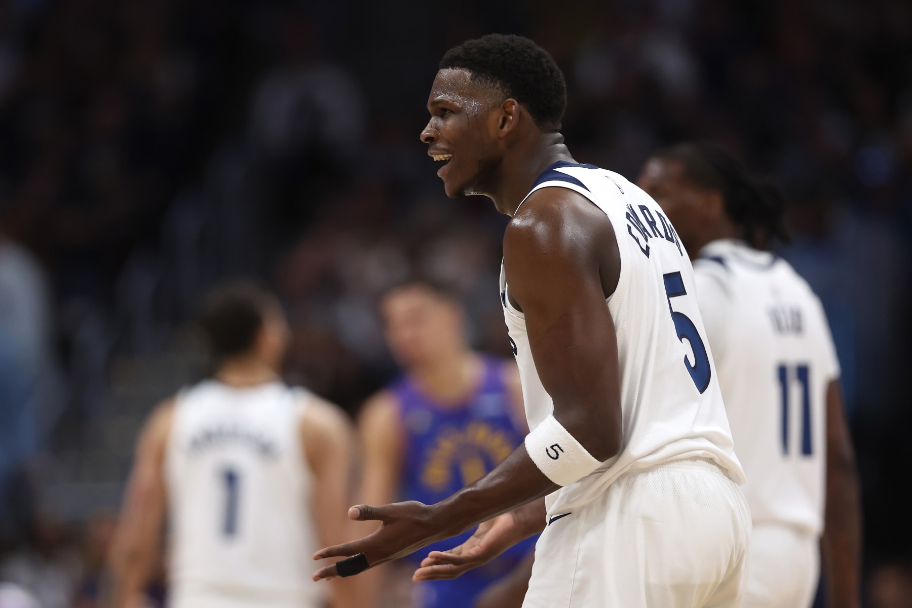 DENVER, COLORADO - MAY 04: Anthony Edwards #5 of the Minnesota Timberwolves reacts to a technical foul against the Denver Nuggets during the third quarter in Game One of the Western Conference Second Round Playoffs at Ball Arena on May 04, 2024 in Denver, Colorado. NOTE TO USER: User expressly acknowledges and agrees that, by downloading and/or using this Photograph, user is consenting to the terms and conditions of the Getty Images License Agreement. (Photo by Matthew Stockman/Getty Images)