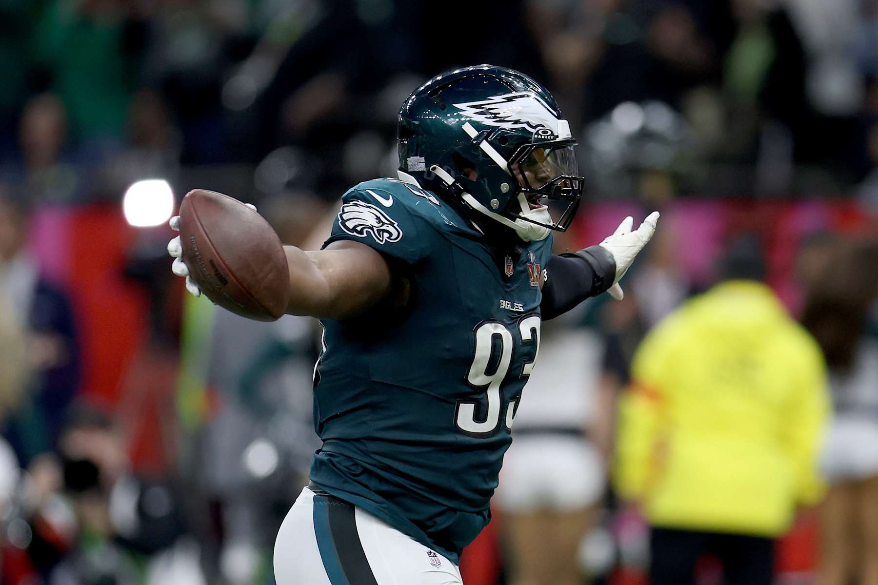 NEW ORLEANS, LOUISIANA - FEBRUARY 09: Milton Williams #93 of the Philadelphia Eagles celebrates after recovering a fumble in the fourth quarter against the Kansas City Chiefs during Super Bowl LIX at Caesars Superdome on February 09, 2025 in New Orleans, Louisiana. (Photo by Jamie Squire/Getty Images)