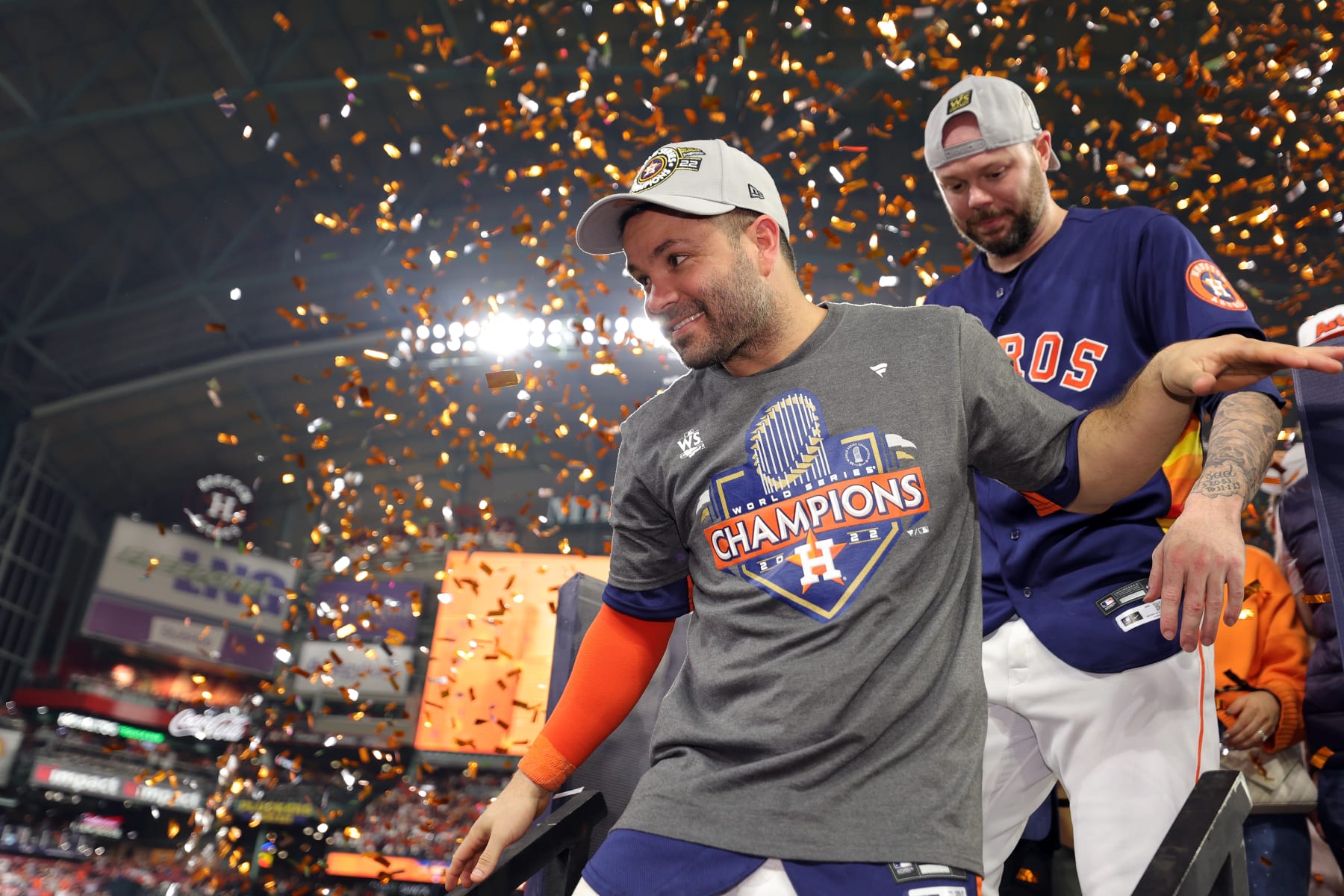HOUSTON, TEXAS - NOVEMBER 05: Jose Altuve #27 of the Houston Astros celebrates after defeating the Philadelphia Phillies 4-1 to win the 2022 World Series in Game Six of the 2022 World Series at Minute Maid Park on November 05, 2022 in Houston, Texas. (Photo by Carmen Mandato/Getty Images)
