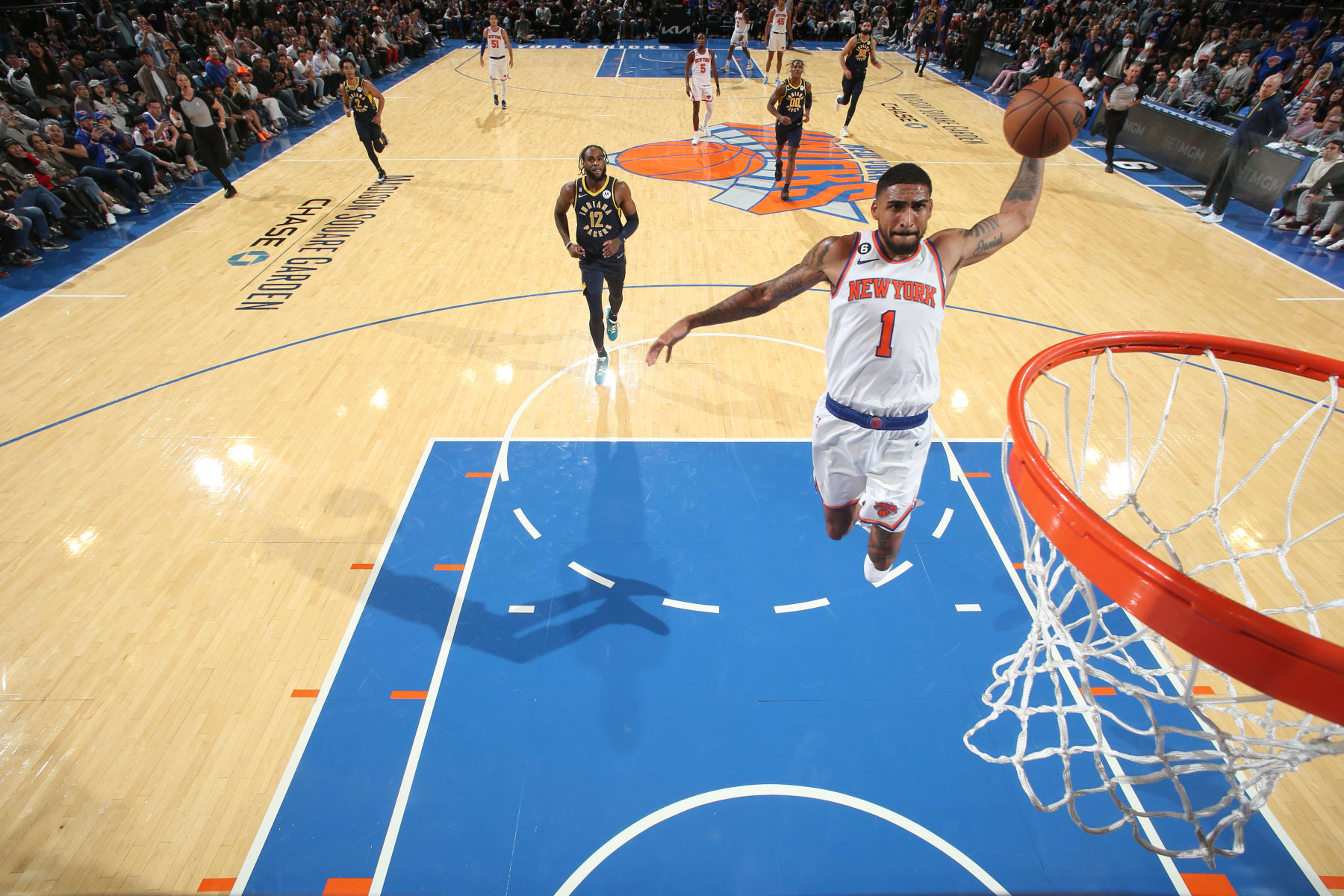 NEW YORK, NY - OCTOBER 7: Obi Toppin #1 of the New York Knicks dunks the ball against the Indiana Pacers during a preseason game on October 7, 2022 at Madison Square Garden in New York City, New York.  NOTE TO USER: User expressly acknowledges and agrees that, by downloading and or using this photograph, User is consenting to the terms and conditions of the Getty Images License Agreement. Mandatory Copyright Notice: Copyright 2022 NBAE  (Photo by Nathaniel S. Butler/NBAE via Getty Images)