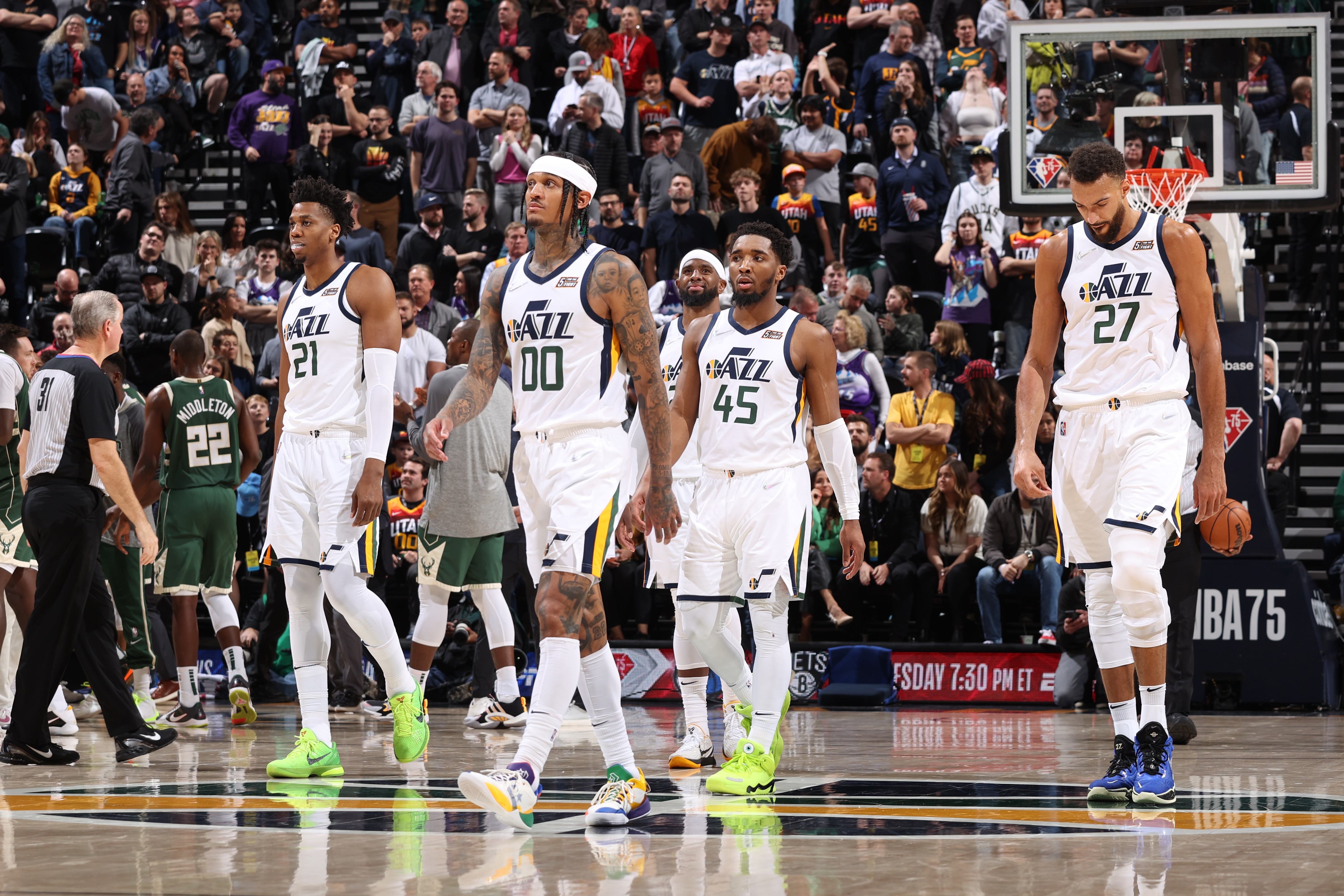 SALT LAKE CITY, UT - MARCH 14: Hassan Whiteside #21, Jordan Clarkson #00, Royce O'Neale #23, Donovan Mitchell #45 and Rudy Gobert #27 of the Utah Jazz look on during the game against the Milwaukee Bucks on March 14, 2022 at vivint.SmartHome Arena in Salt Lake City, Utah. NOTE TO USER: User expressly acknowledges and agrees that, by downloading and or using this Photograph, User is consenting to the terms and conditions of the Getty Images License Agreement. Mandatory Copyright Notice: Copyright 2022 NBAE (Photo by Melissa Majchrzak/NBAE via Getty Images)