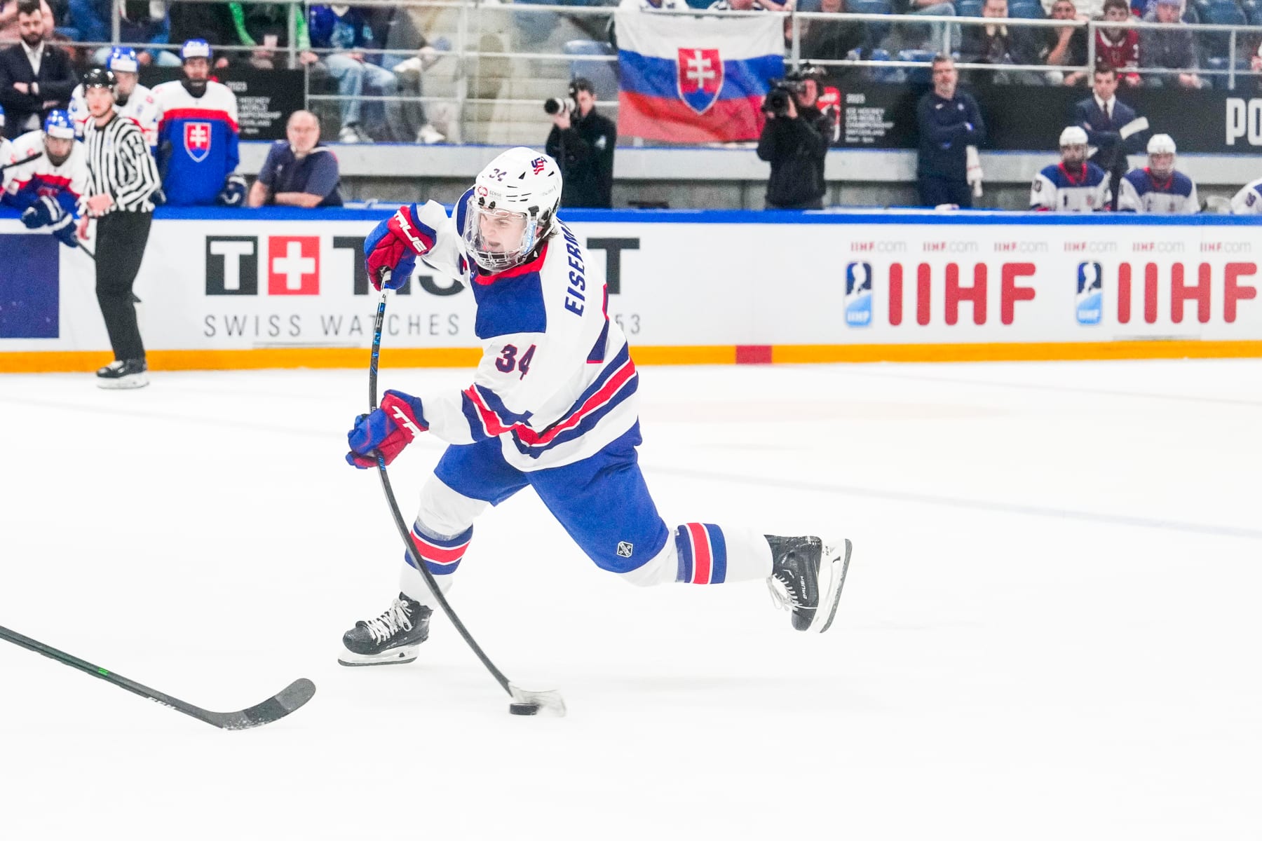 BASEL, SWITZERLAND - APRIL 29: Cole Eiserman of United States in actionduring the semi final of U18 Ice Hockey World Championship match between United States and Slovakia at St. Jakob-Park on April 29, 2023 in Basel, Switzerland. (Photo by Jari Pestelacci/Eurasia Sport Images/Getty Images)