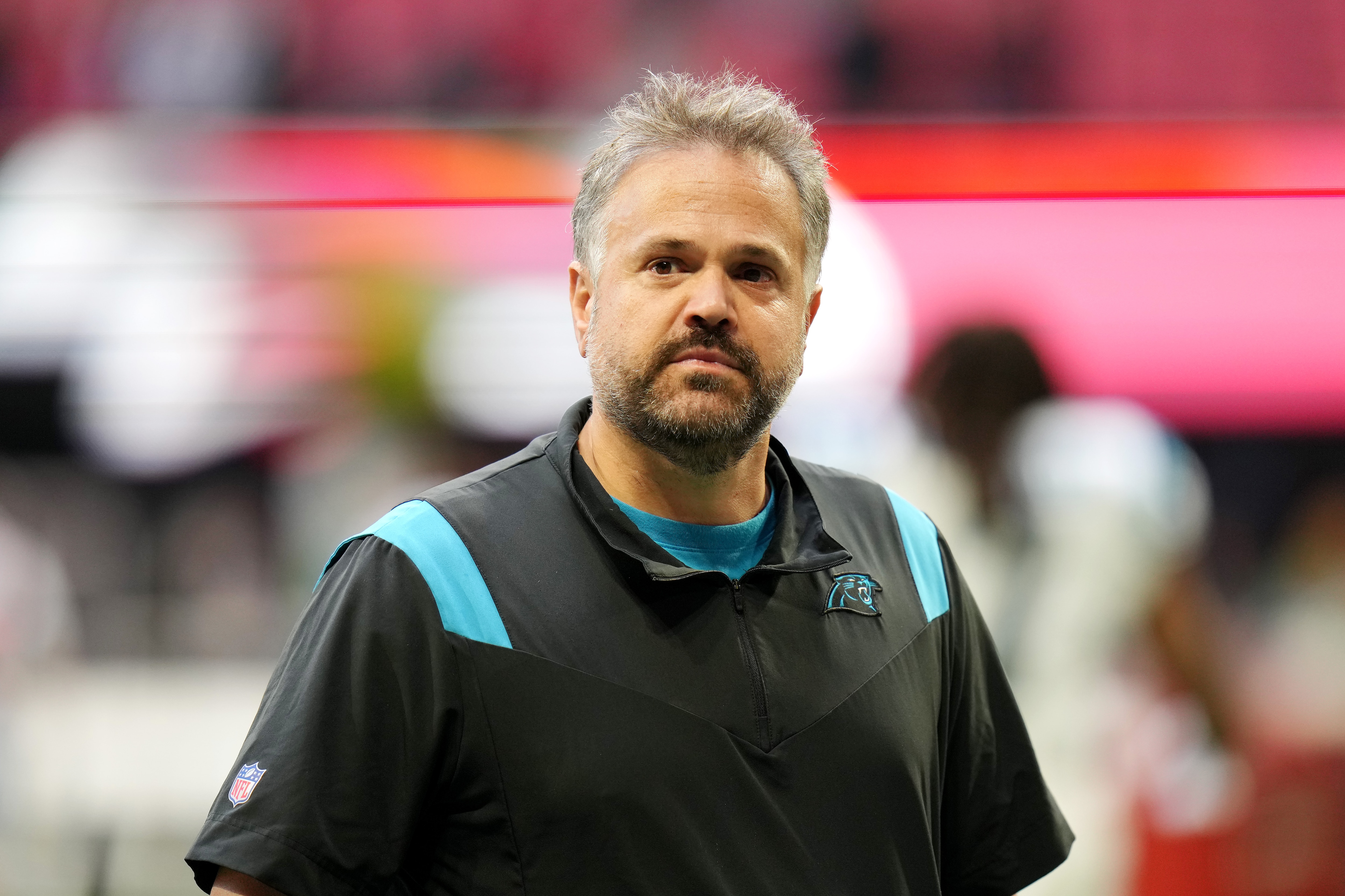 ATLANTA, GEORGIA - OCTOBER 31: Head coach Matt Rhule of the Carolina Panthers walks off the field after beating the Atlanta Falcons 19-13 at Mercedes-Benz Stadium on October 31, 2021 in Atlanta, Georgia. (Photo by Mark Brown/Getty Images)