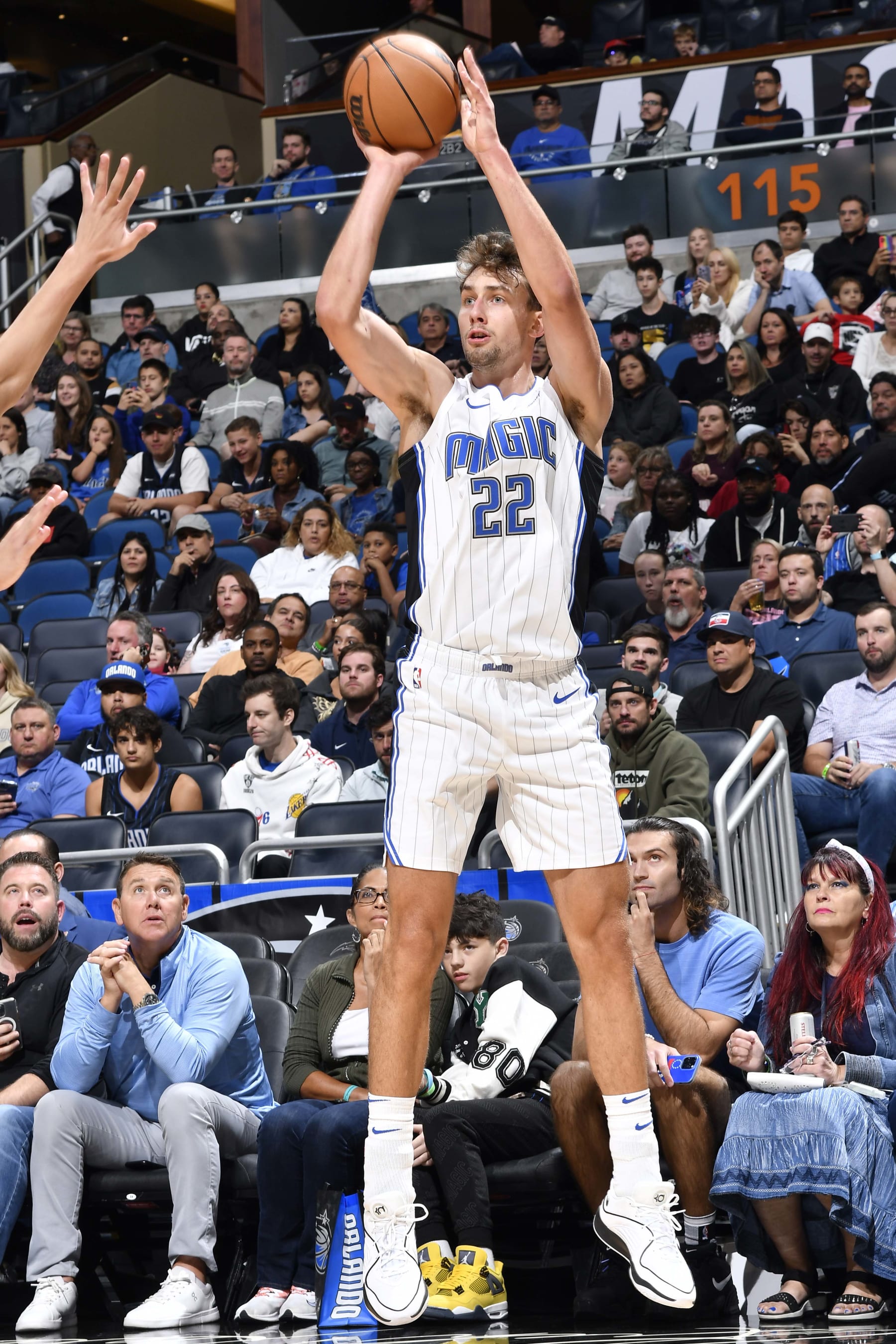 ORLANDO, FL - OCTOBER 17: Franz Wagner #22 of the Orlando Magic shoots the ball during the game against the New Orleans Pelicans on October 17, 2023 at Amway Center in Orlando, Florida. NOTE TO USER: User expressly acknowledges and agrees that, by downloading and or using this photograph, User is consenting to the terms and conditions of the Getty Images License Agreement. Mandatory Copyright Notice: Copyright 2023 NBAE (Photo by Gary Bassing/NBAE via Getty Images)