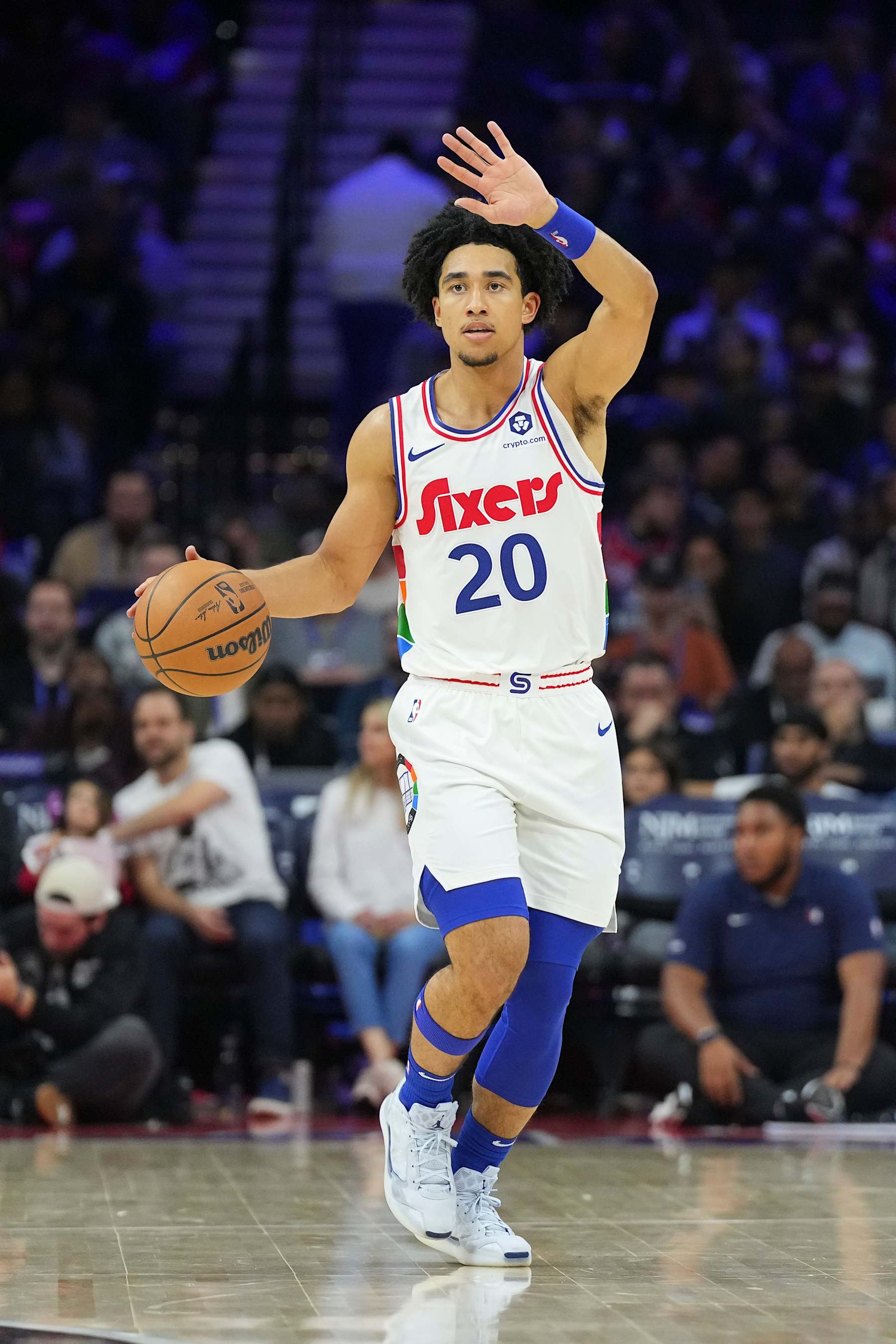 PHILADELPHIA, PENNSYLVANIA - NOVEMBER 24: Jared McCain #20 of the Philadelphia 76ers dribbles the ball against the LA Clippers at the Wells Fargo Center on November 24, 2024 in Philadelphia, Pennsylvania. The Clippers defeated the 76ers 125-99. NOTE TO USER: User expressly acknowledges and agrees that, by downloading and/or using this photograph, user is consenting to the terms and conditions of the Getty Images License Agreement. (Photo by Mitchell Leff/Getty Images)