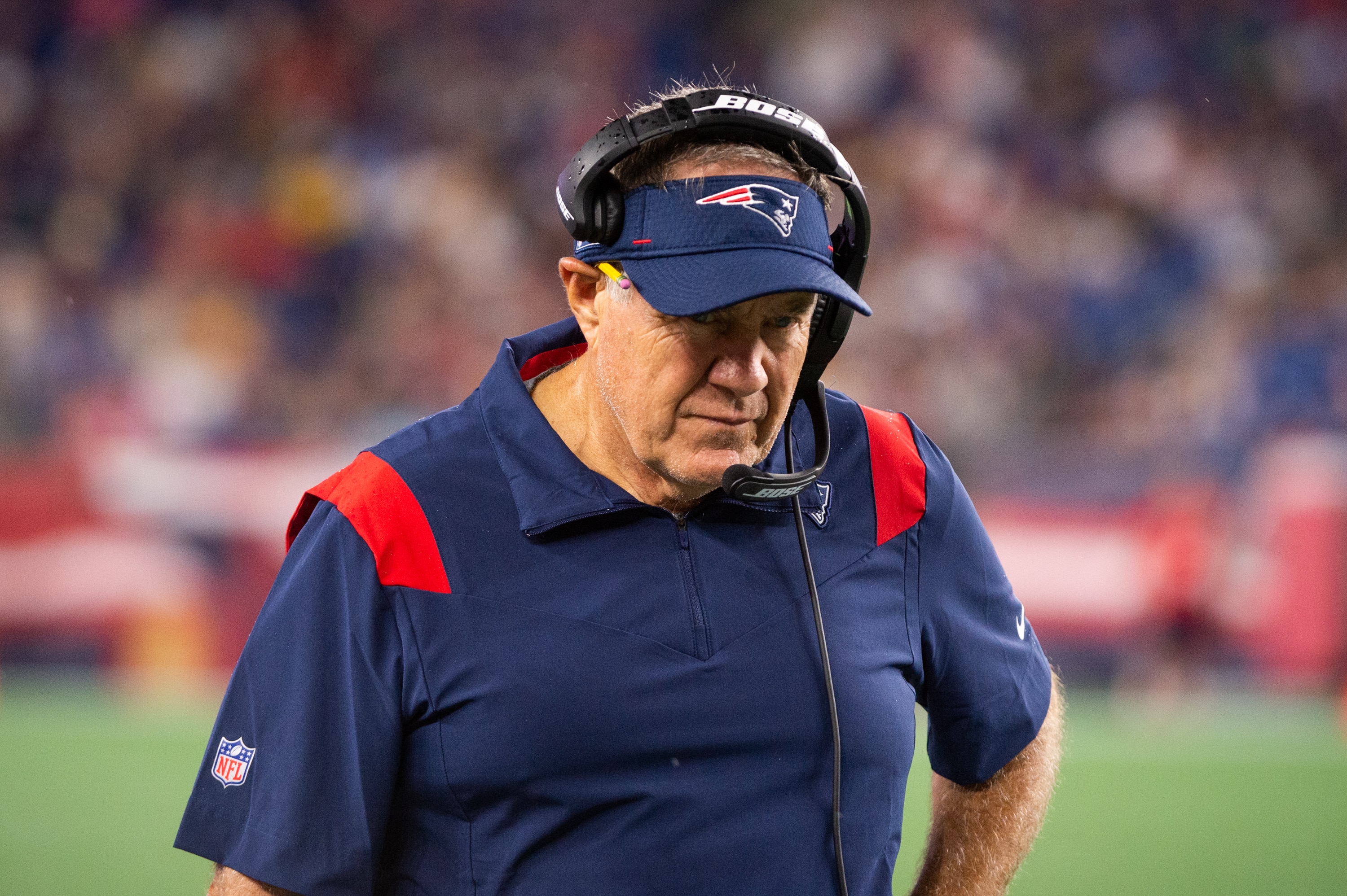 FOXBOROUGH, MA - AUGUST 12: New England Patriots head coach Bill Belichick in the first half against the Washington Football Team at Gillette Stadium on  August 12, 2021 in Foxborough, Massachusetts. (Photo by Kathryn Riley/Getty Images)