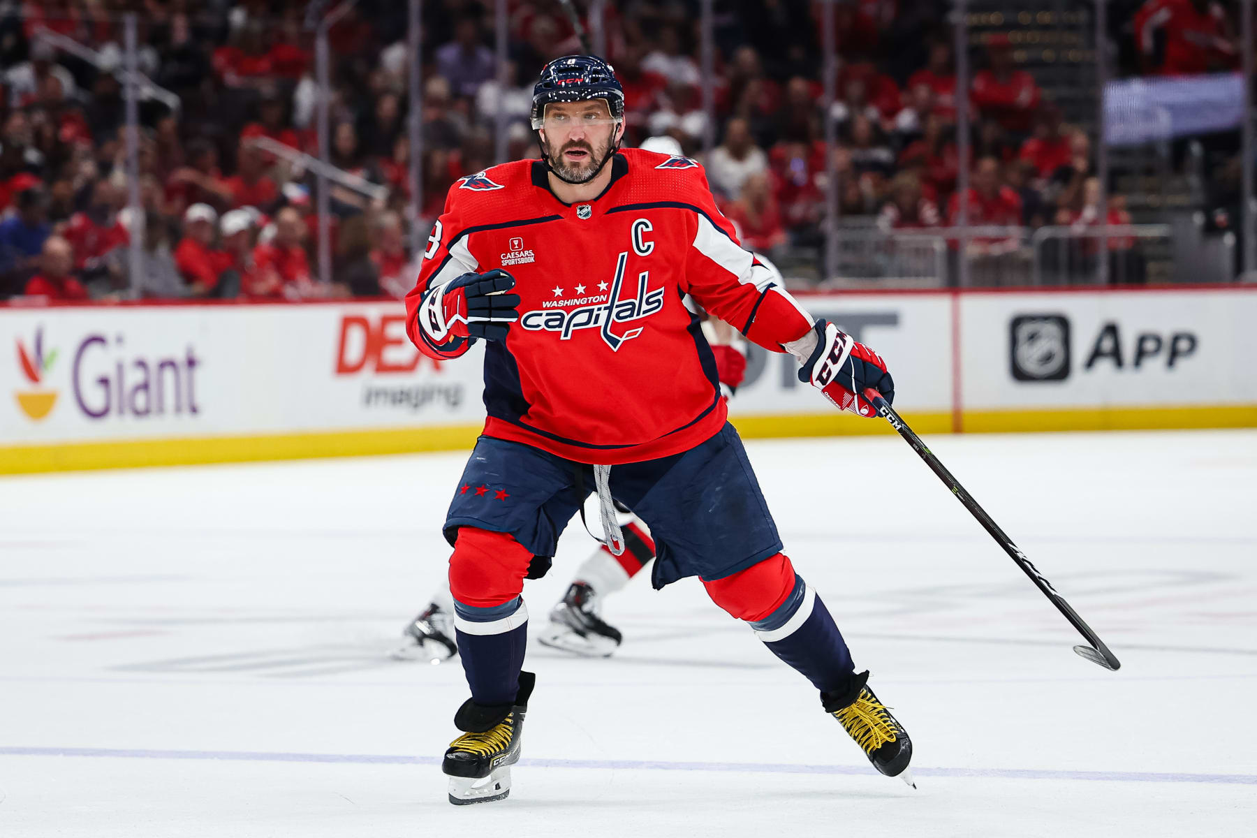 WASHINGTON, DC - APRIL 13: Alex Ovechkin #8 of the Washington Capitals in action against the New Jersey Devils during the first period of the game at Capital One Arena on April 13, 2023 in Washington, DC. (Photo by Scott Taetsch/Getty Images)