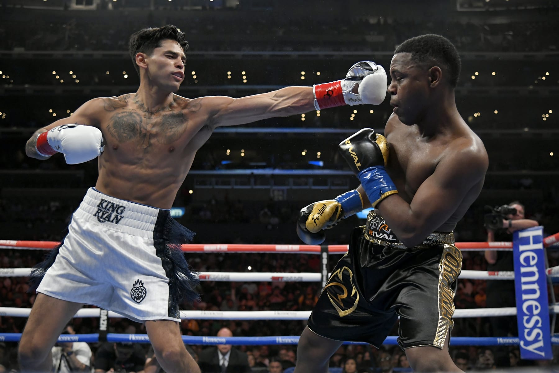 LOS ANGELES, CA - JULY 16:  Ryan Garcia throws a punch at Javier Fortuna in the first round of a Super Lightweight bout at the Crypto.com Arena on July 16, 2022 in Los Angeles, United States. (Photo by John McCoy/Getty Images)