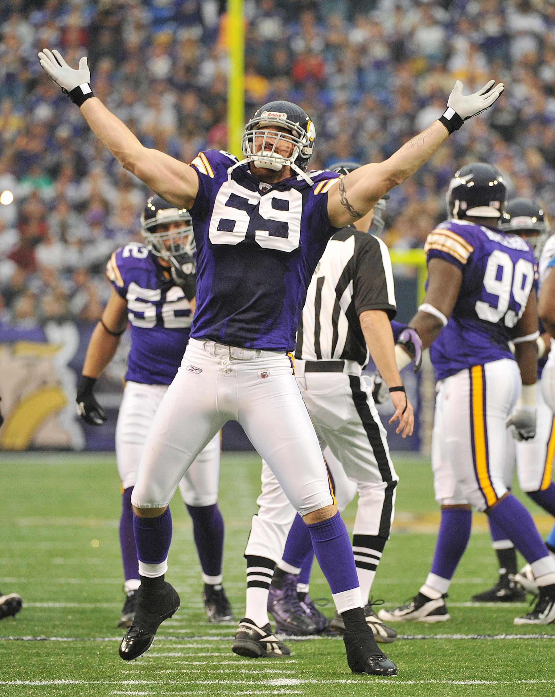 MINNEAPOLIS - SEPTEMBER 25:  Jared Allen #69 of the Minnesota Vikings celebrates a sack during an NFL game against the Detroit Lions at Mall of America Field at the Hubert H. Humphrey Metrodome, on September 25, 2011 in Minneapolis, Minnesota.  (Photo by Tom Dahlin/Getty Images)