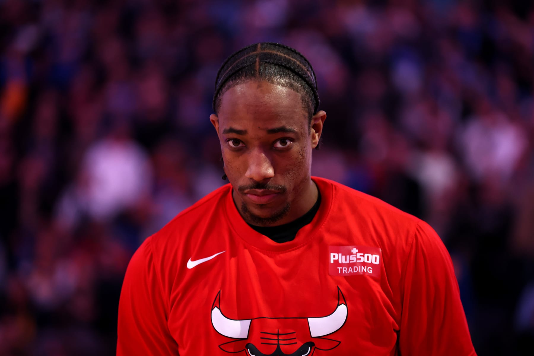 SAN FRANCISCO, CALIFORNIA - DECEMBER 02: DeMar DeRozan #11 of the Chicago Bulls stands for the national anthem before their game against the Golden State Warriors at Chase Center on December 02, 2022 in San Francisco, California. NOTE TO USER: User expressly acknowledges and agrees that, by downloading and or using this photograph, User is consenting to the terms and conditions of the Getty Images License Agreement.  (Photo by Ezra Shaw/Getty Images)
