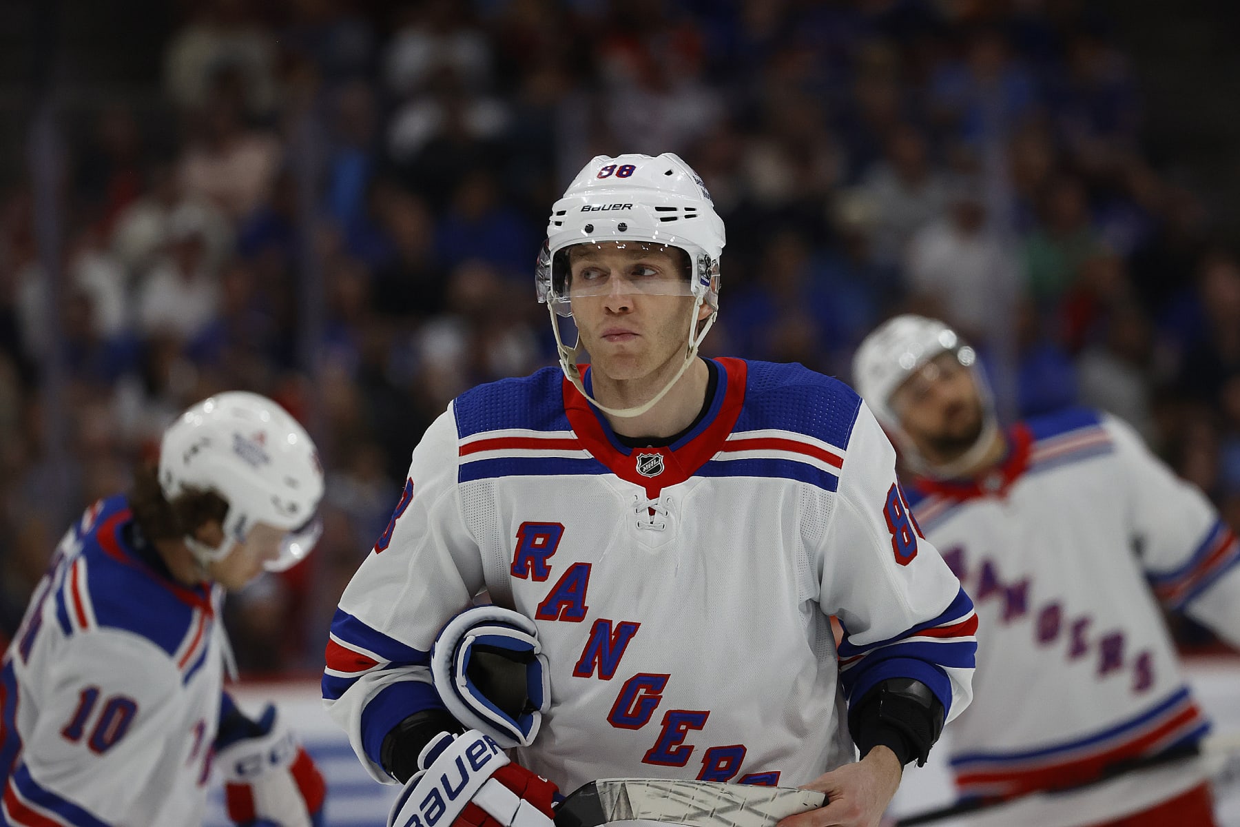SUNRISE, FLORIDA - MARCH 25: Patrick Kane #88 of the New York Rangers skates the ice during a break in the action against the Florida Panthers at the FLA Live Arena on March 25, 2023 in Sunrise, Florida. (Photo by Eliot J. Schechter/NHLI via Getty Images)