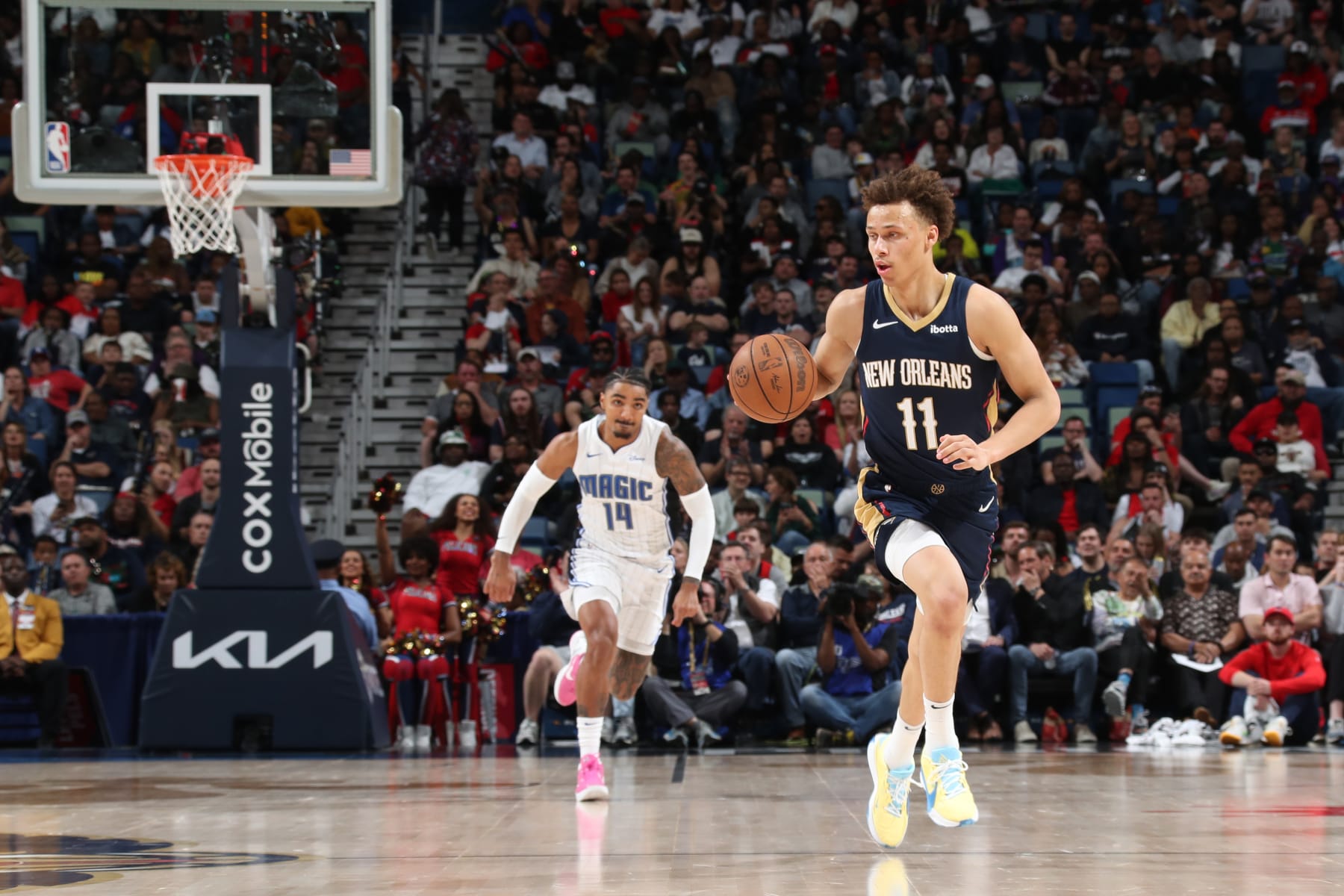 NEW ORLEANS, LA - APRIL 3:  Dyson Daniels #11 of the New Orleans Pelicans handles the ball during the game against the Orlando Magic on April 3, 2024 at the Smoothie King Center in New Orleans, Louisiana. NOTE TO USER: User expressly acknowledges and agrees that, by downloading and or using this Photograph, user is consenting to the terms and conditions of the Getty Images License Agreement. Mandatory Copyright Notice: Copyright 2024 NBAE (Photo by Layne Murdoch Jr./NBAE via Getty Images)