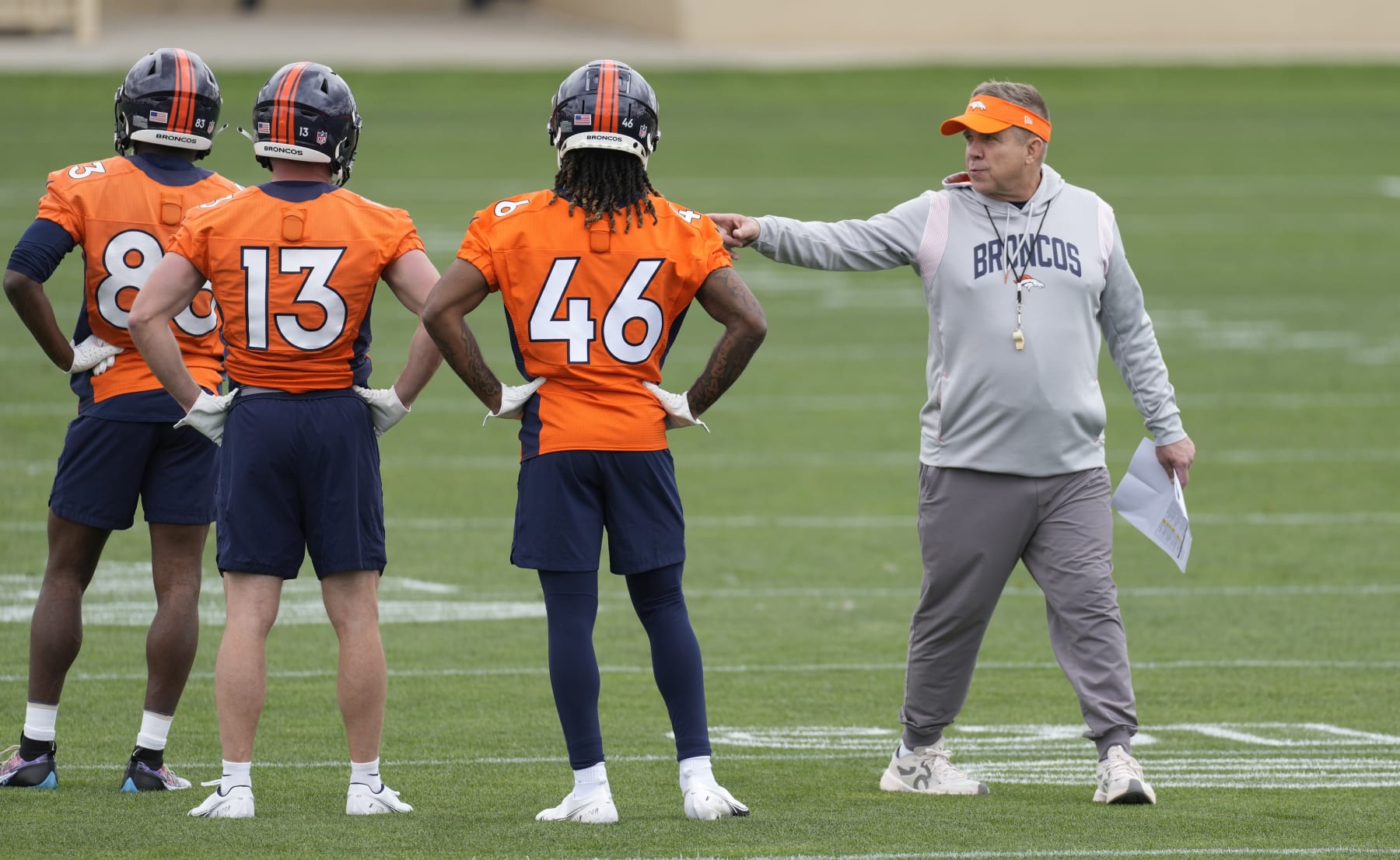 Denver Broncos head coach Sean Payton, right, directs wide receivers, from left, Marvin Mims Jr., Taylor Grimes and Dallas Daniels as they take part in drills during the NFL football team's rookie minicamp, Saturday, May 13, 2023, in Centennial, Colo. (AP Photo/David Zalubowski)
