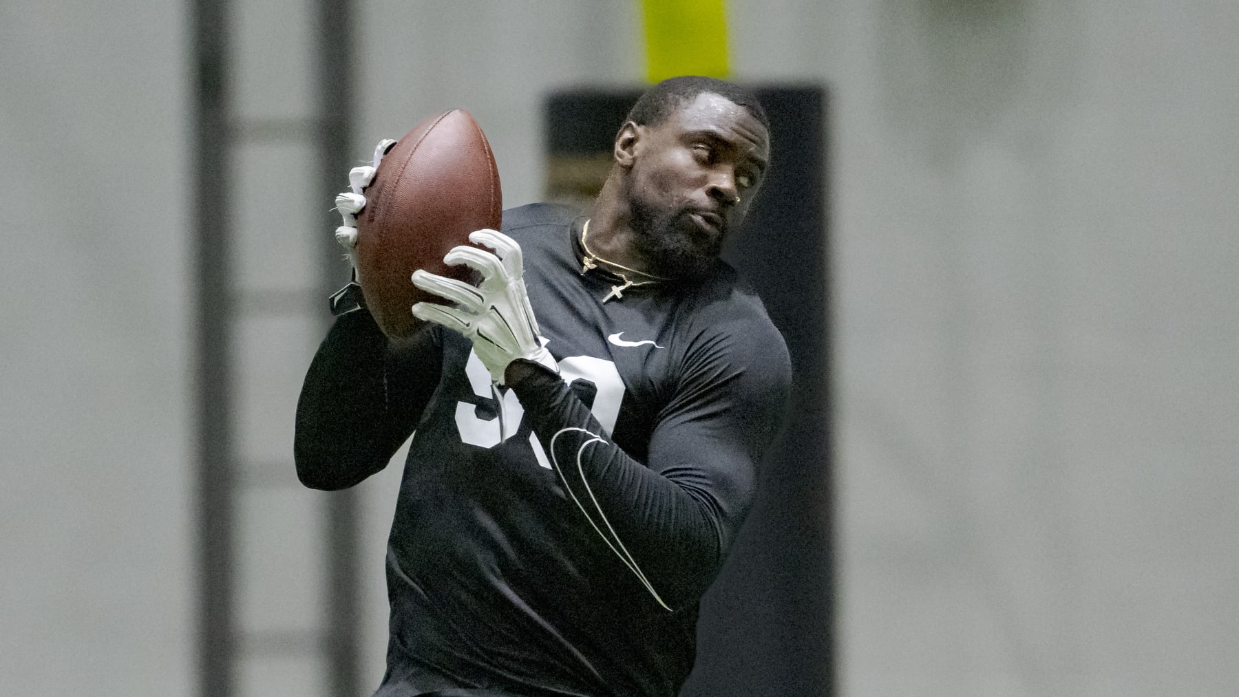 Wideout JJ Holloman of Tennessee State catches during the Historically Black College or University (HBCU) NFL Combine at the New Orleans Saints training facility in Metairie, La., Monday, Feb. 20, 2023. (AP Photo/Matthew Hinton)