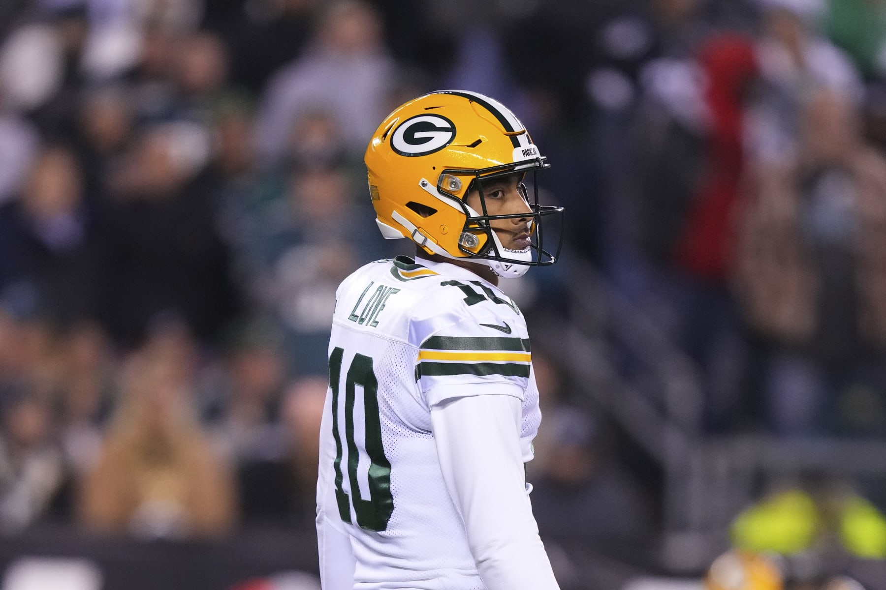 PHILADELPHIA, PA - NOVEMBER 27: Jordan Love #10 of the Green Bay Packers looks on against the Philadelphia Eagles at Lincoln Financial Field on November 27, 2022 in Philadelphia, Pennsylvania. (Photo by Mitchell Leff/Getty Images)