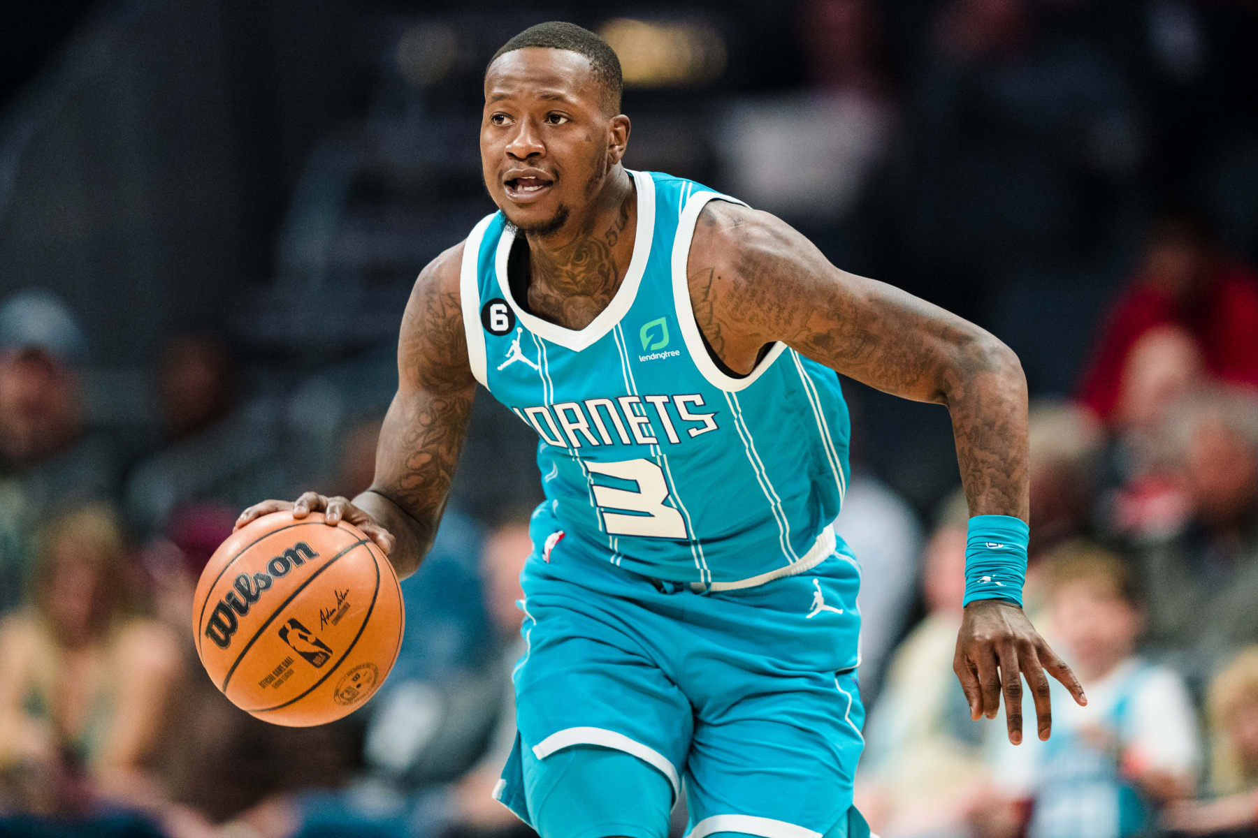 CHARLOTTE, NORTH CAROLINA - MARCH 20: Terry Rozier #3 of the Charlotte Hornets brings the ball up court in the first quarter during their game against the Indiana Pacers at Spectrum Center on March 20, 2023 in Charlotte, North Carolina. NOTE TO USER: User expressly acknowledges and agrees that, by downloading and or using this photograph, User is consenting to the terms and conditions of the Getty Images License Agreement. (Photo by Jacob Kupferman/Getty Images)