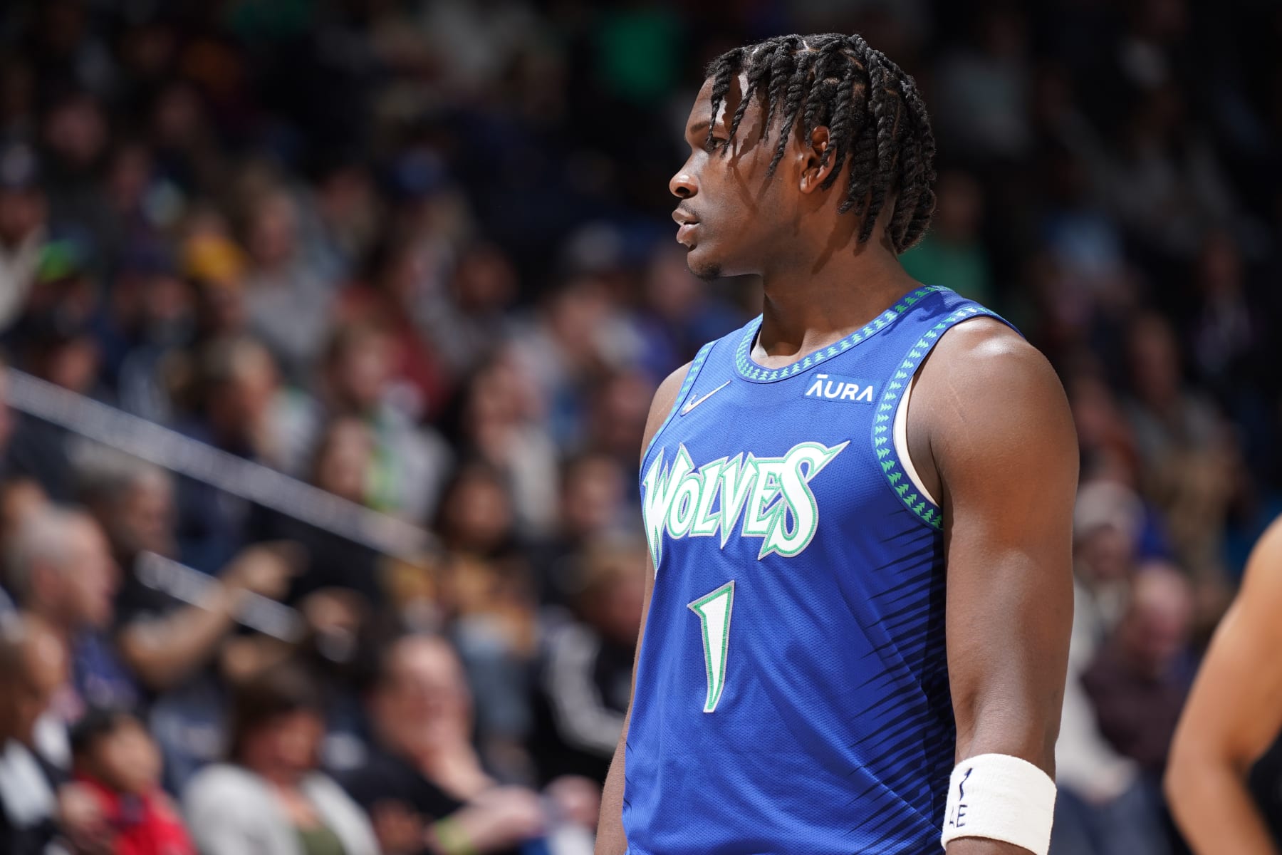 MINNEAPOLIS, MN -  APRIL 7: Anthony Edwards #1 of the Minnesota Timberwolves looks on during the game against the San Antonio Spurs on April 7, 2022 at Target Center in Minneapolis, Minnesota. NOTE TO USER: User expressly acknowledges and agrees that, by downloading and or using this Photograph, user is consenting to the terms and conditions of the Getty Images License Agreement. Mandatory Copyright Notice: Copyright 2022 NBAE (Photo by Jordan Johnson/NBAE via Getty Images)