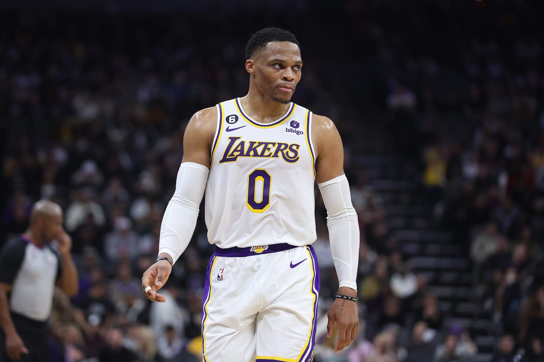 SACRAMENTO, CALIFORNIA - JANUARY 07: Russell Westbrook #0 of the Los Angeles Lakers looks on in the second quarter against the Sacramento Kings at Golden 1 Center on January 07, 2023 in Sacramento, California. NOTE TO USER: User expressly acknowledges and agrees that, by downloading and/or using this photograph, User is consenting to the terms and conditions of the Getty Images License Agreement. (Photo by Lachlan Cunningham/Getty Images)