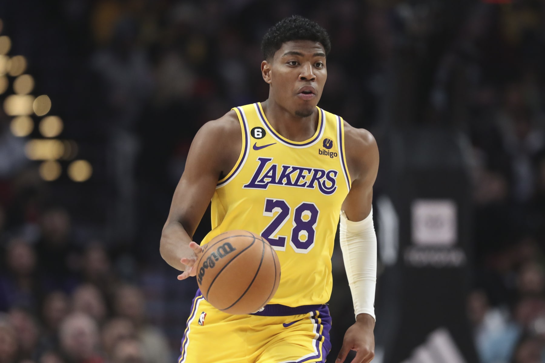 PORTLAND, OREGON - FEBRUARY 13: Rui Hachimura #28 of the Los Angeles Lakers plays against the Portland Trail Blazers during the first quarter at Moda Center on February 13, 2023 in Portland, Oregon. NOTE TO USER: User expressly acknowledges and agrees that, by downloading and or using this photograph, user is consenting to the terms and conditions of the Getty Images License Agreement. (Photo by Amanda Loman/Getty Images)