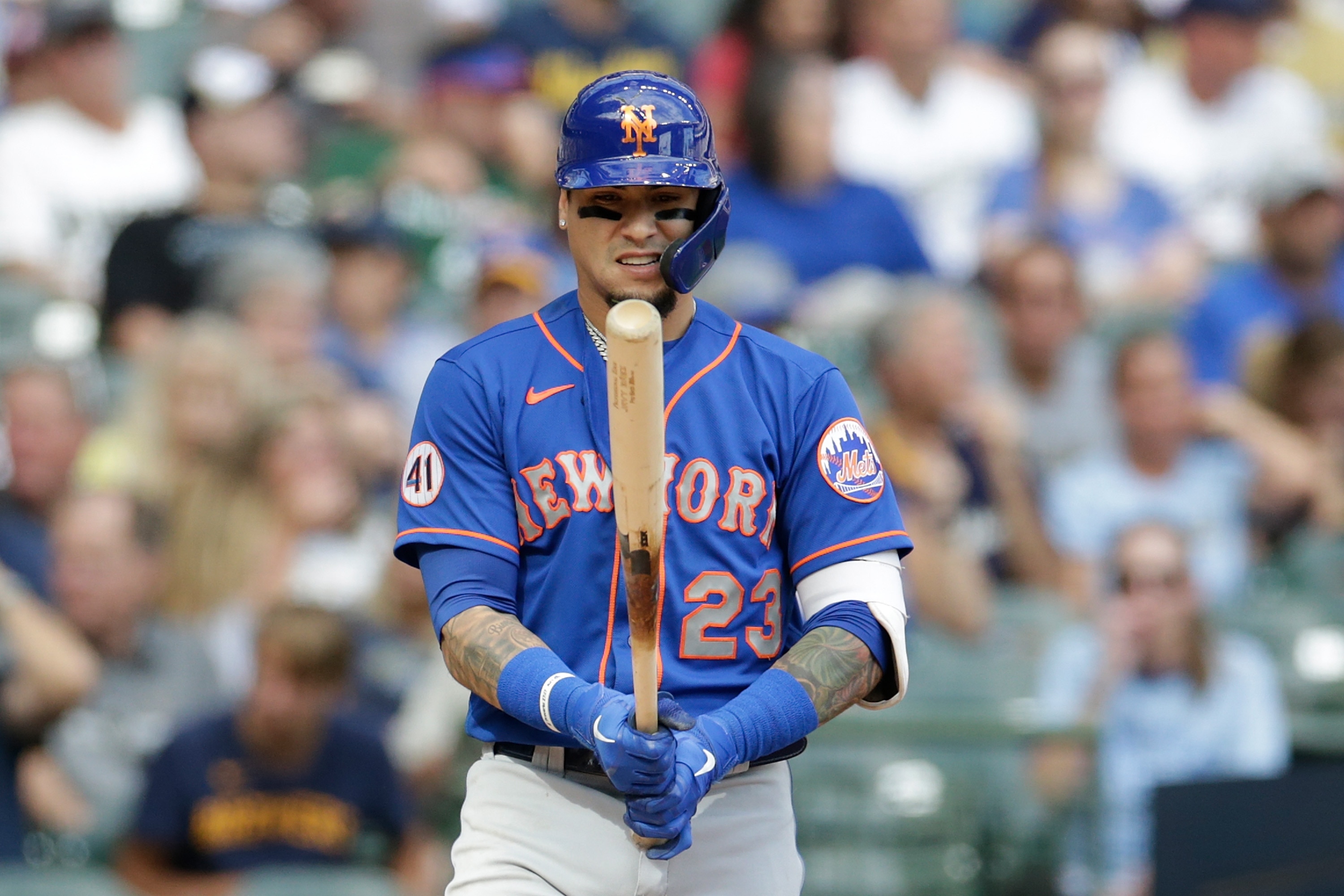 MILWAUKEE, WISCONSIN - SEPTEMBER 26: Javier Baez #23 of the New York Mets up to bat against the Milwaukee Brewers at American Family Field on September 26, 2021 in Milwaukee, Wisconsin. Brewers defeated the Mets 8-4. (Photo by John Fisher/Getty Images)