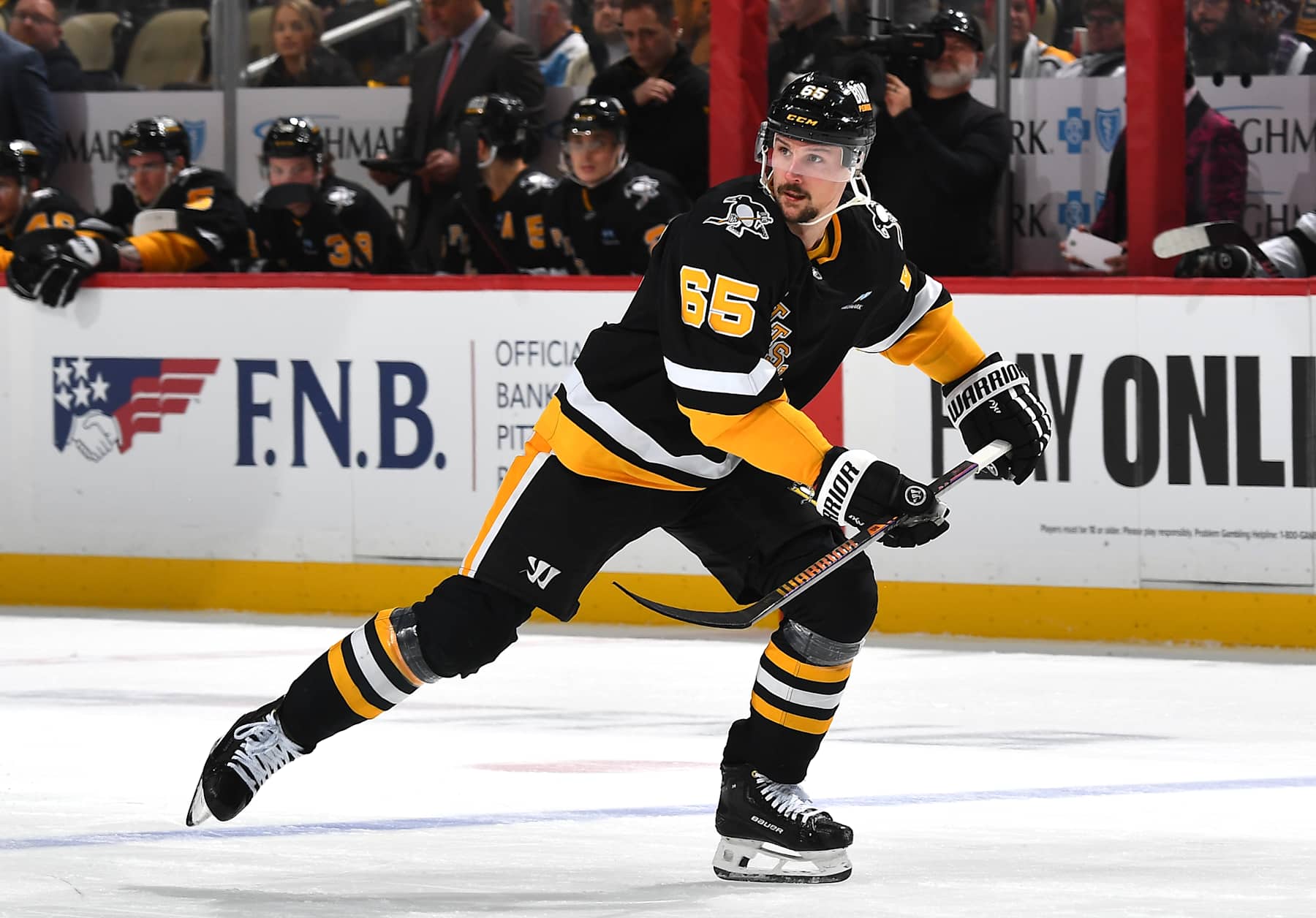 PITTSBURGH, PA - DECEMBER 17:  Erik Karlsson #65 of the Pittsburgh Penguins skates during the game against the Los Angeles Kings at PPG PAINTS Arena on December 17, 2024 in Pittsburgh, Pennsylvania. (Photo by Joe Sargent/NHLI via Getty Images)