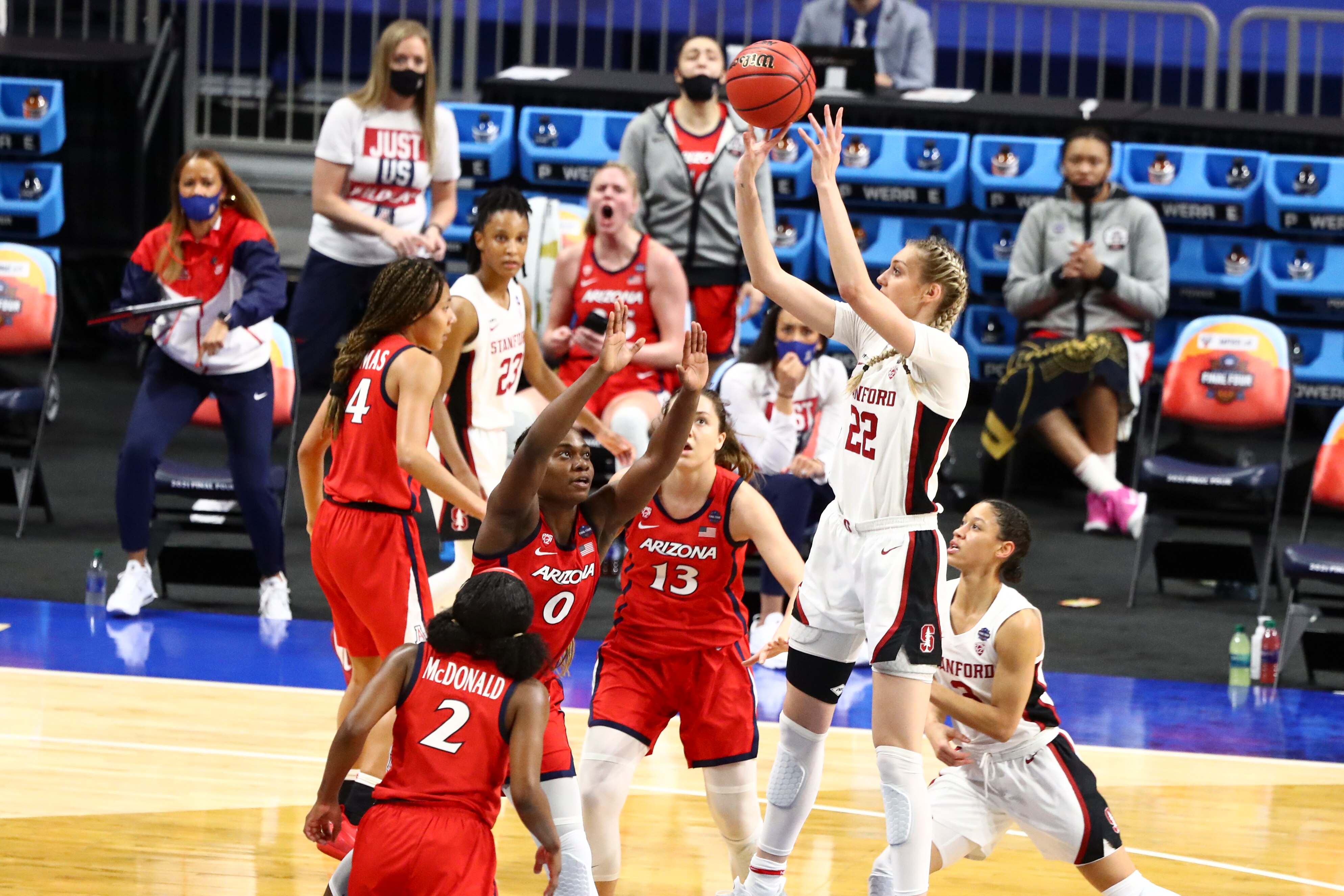 SAN ANTONIO, TX - APRIL 4: Cameron Brink #22 of the Stanford Cardinal shoots the ball over Trinity Baptiste #0 of the Arizona Wildcats during the second quarter during the championship game of the NCAA Women’s Basketball Tournament at Alamodome on April 4, 2021 in San Antonio, Texas. (Photo by C. Morgan Engel/NCAA Photos via Getty Images)
