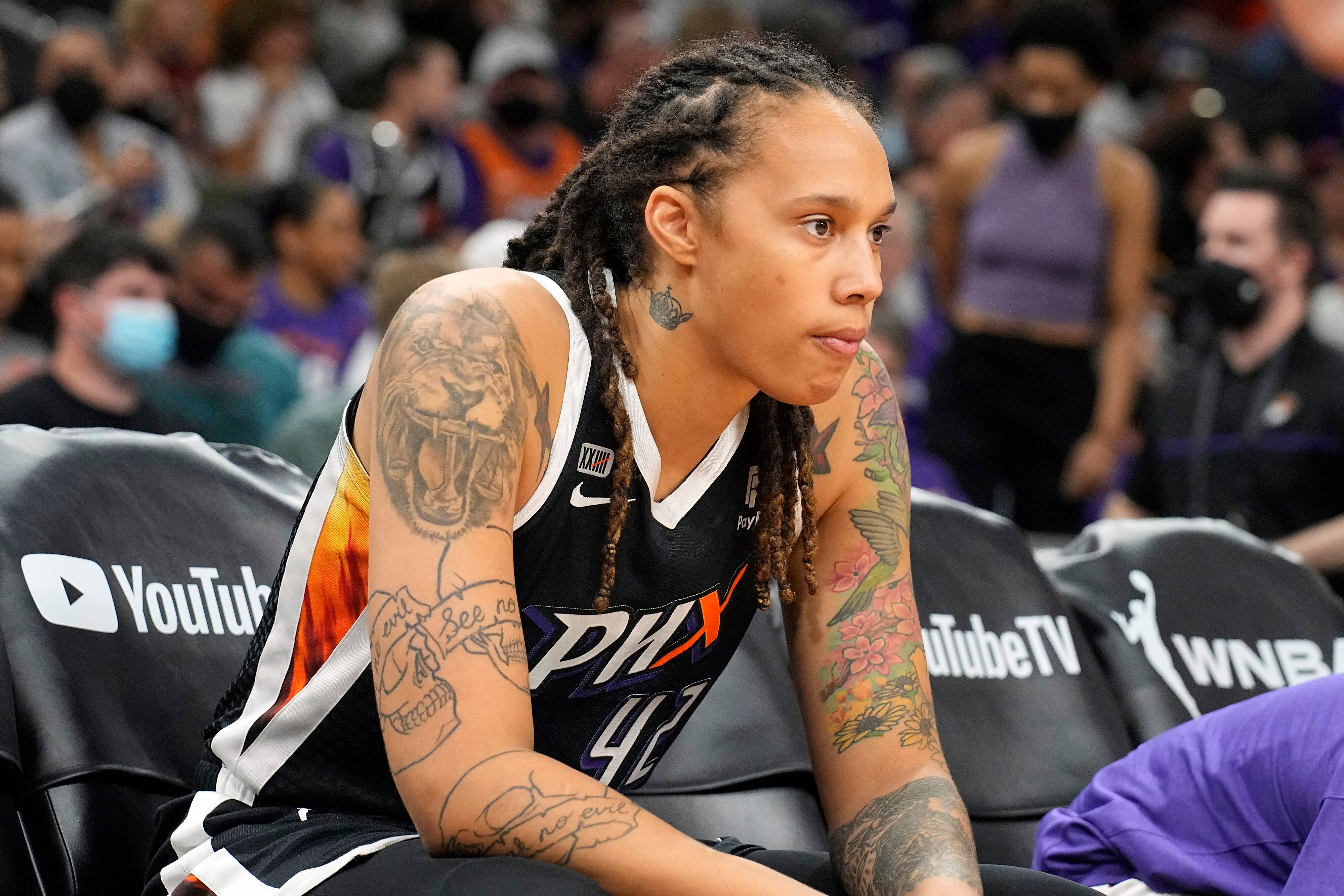 FILE - Phoenix Mercury center Brittney Griner sits during the first half of Game 2 of basketball's WNBA Finals against the Chicago Sky, Wednesday, Oct. 13, 2021, in Phoenix. A Moscow court announced it has extended the arrest of WNBA star Brittney Griner until May 19, according to the Russian state news agency Tass. Griner was detained at a Moscow airport in February after Russian authorities said a search of her luggage revealed vape cartridges. They were identified as containing oil derived from cannabis, which could carry a maximum penalty of 10 years in prison.(AP Photo/Rick Scuteri, File) FILE - Phoenix Mercury center Brittney Griner sits during the first half of Game 2 of basketball's WNBA Finals against the Chicago Sky, Wednesday, Oct. 13, 2021, in Phoenix. A Moscow court announced it has extended the arrest of WNBA star Brittney Griner until May 19, according to the Russian state news agency Tass. Griner was detained at a Moscow airport in February after Russian authorities said a search of her luggage revealed vape cartridges. They were identified as containing oil derived from cannabis, which could carry a maximum penalty of 10 years in prison.(AP Photo/Rick Scuteri, File)
