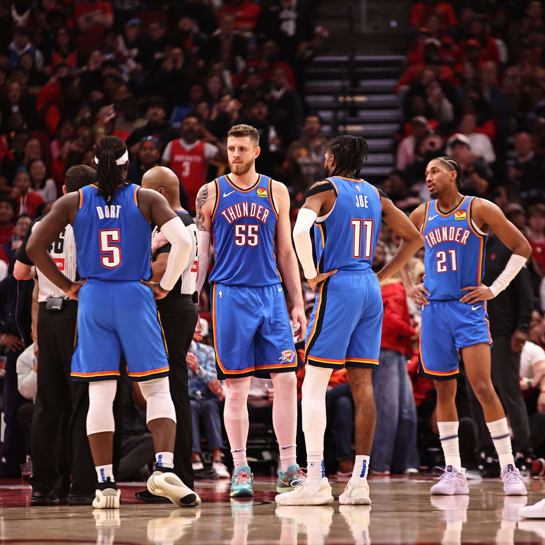 HOUSTON, TX - DECEMBER 1:  The Oklahoma City Thunder look on during the game against the Houston Rockets on December 1, 2024 at the Toyota Center in Houston, Texas. NOTE TO USER: User expressly acknowledges and agrees that, by downloading and or using this photograph, User is consenting to the terms and conditions of the Getty Images License Agreement. Mandatory Copyright Notice: Copyright 2024 NBAE (Photo by Lottie Spears/NBAE via Getty Images)
