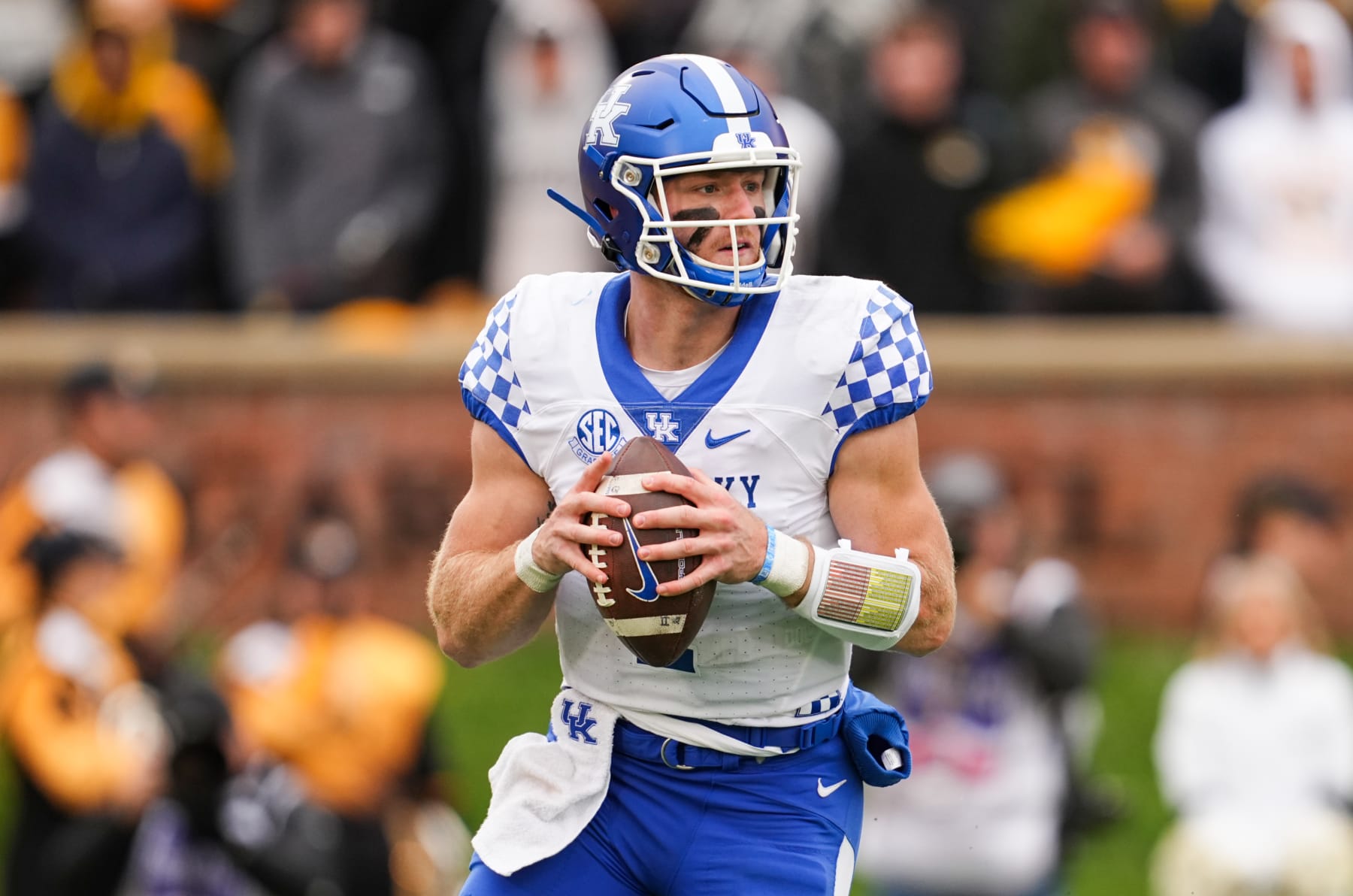 COLUMBIA, MO - NOVEMBER 05: Will Levis #7 of the Kentucky Wildcats rolls out to pass during the first half against the Missouri Tigers at Faurot Field/Memorial Stadium on November 5, 2022 in Columbia, Missouri. (Photo by Jay Biggerstaff/Getty Images)