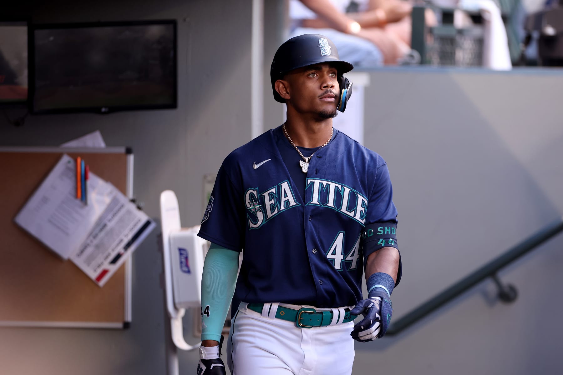 SEATTLE, WASHINGTON - JUNE 12: Julio Rodriguez #44 of the Seattle Mariners reacts after striking out during the first inning against the Miami Marlins at T-Mobile Park on June 12, 2023 in Seattle, Washington. (Photo by Steph Chambers/Getty Images)