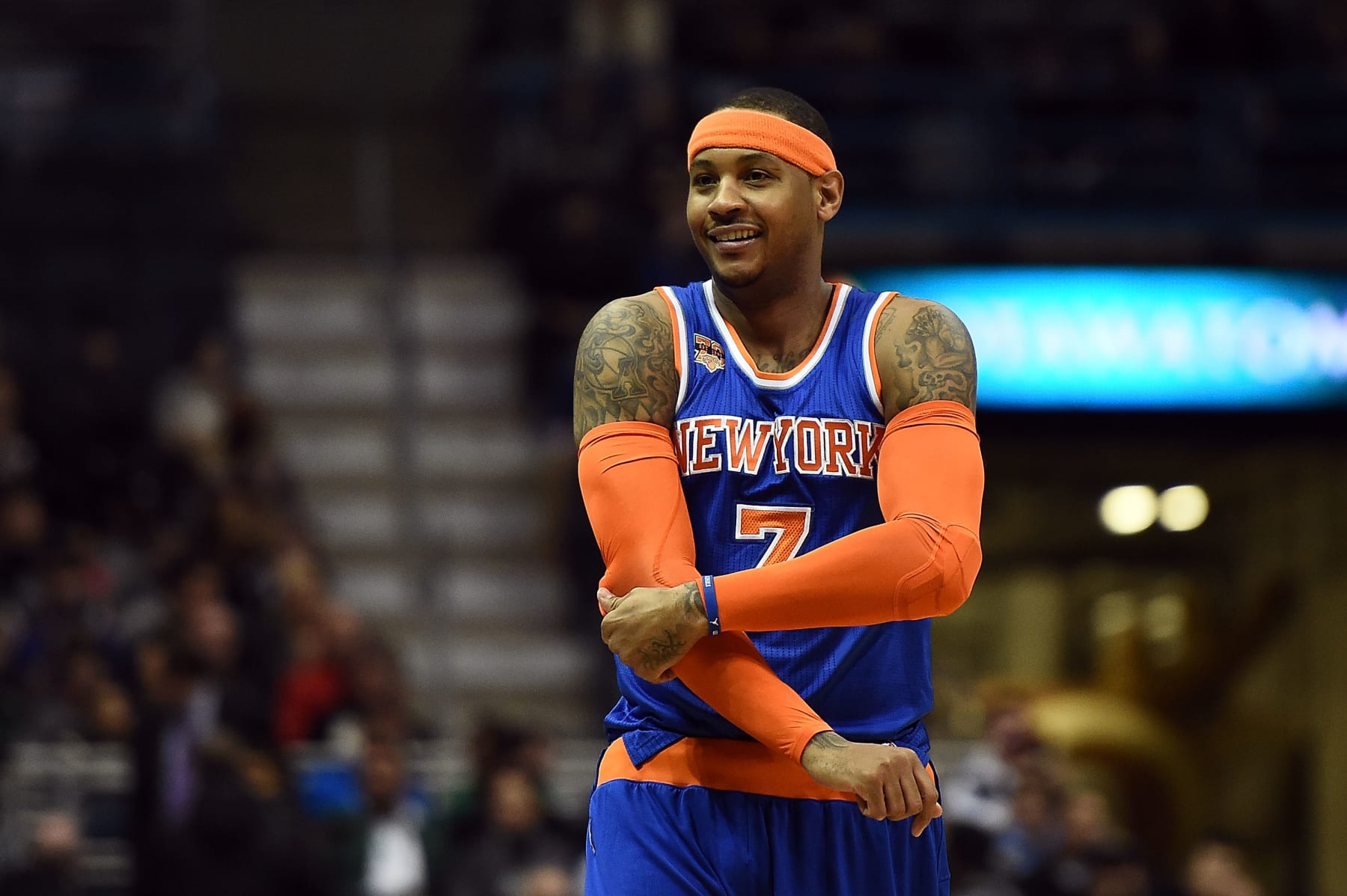 Carmelo Anthony #7 of the New York Knicks takes the court prior to a game against the Milwaukee Bucks at BMO Harris Bradley Center on March 8, 2017 in Milwaukee, Wisconsin.  NOTE TO USER: User expressly acknowledges and agrees that, by downloading and or using this photograph, User is consenting to the terms and conditions of the Getty Images License Agreement.