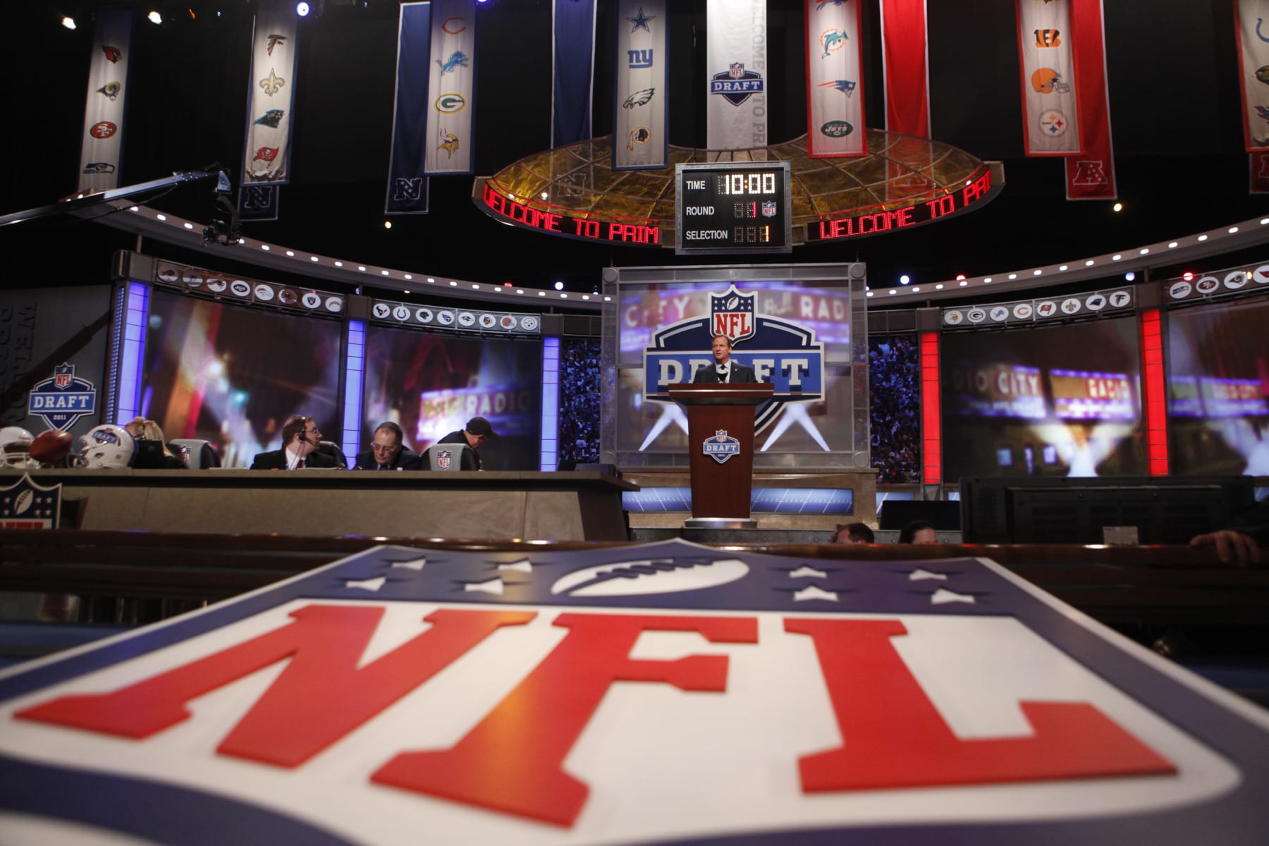 An NFL logo is shown before the first round of the NFL football draft at Radio City Music Hall Thursday, April 28, 2011, in New York. (AP Photo/Stephen Chernin)