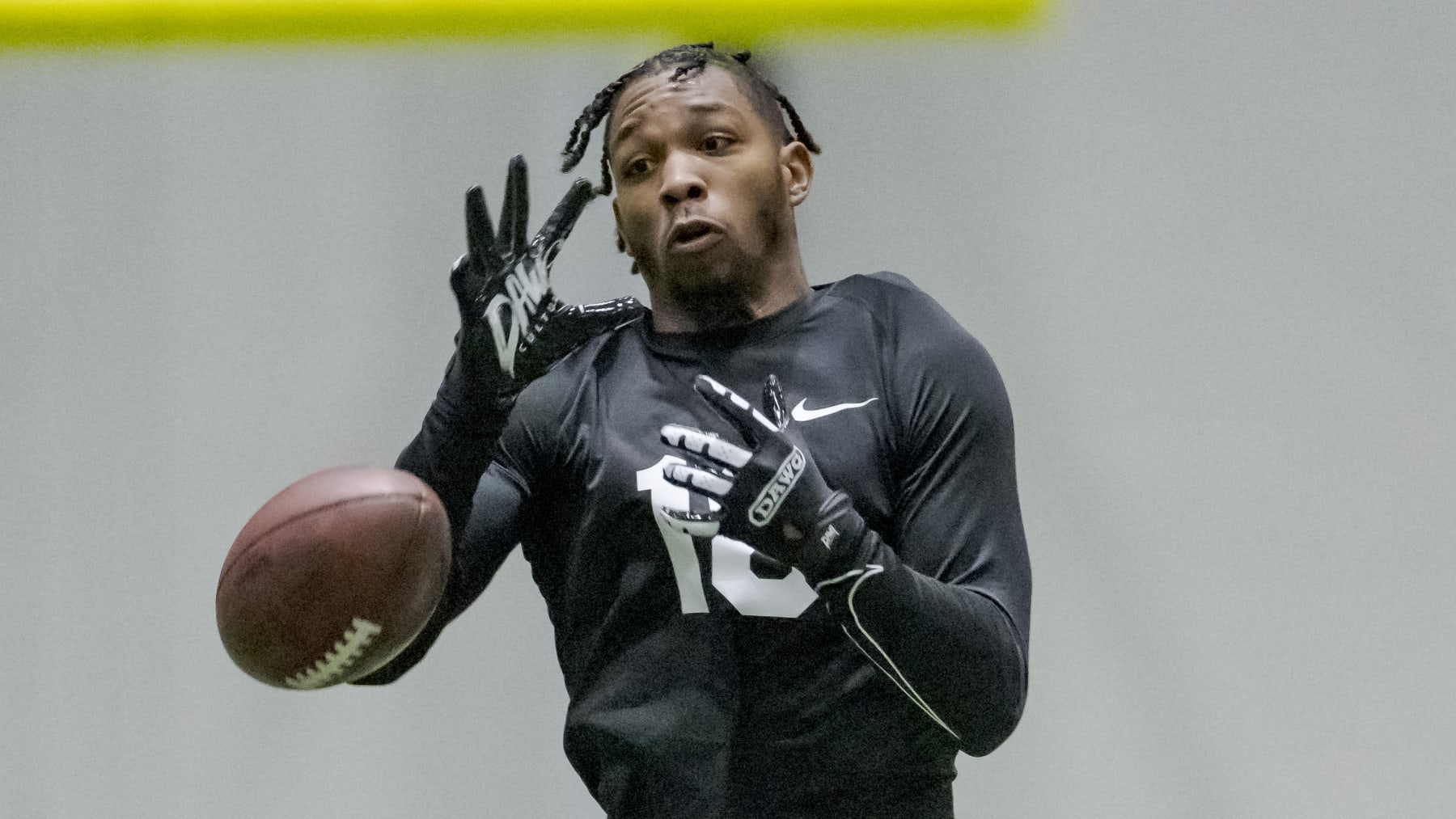 Defensive back De'Jahn Warren of Jackson State (18) catches during the Historically Black College or University (HBCU) NFL Combine at the New Orleans Saints Training Facility in Metairie, La., Monday, Feb. 20, 2023. (AP Photo/Matthew Hinton)