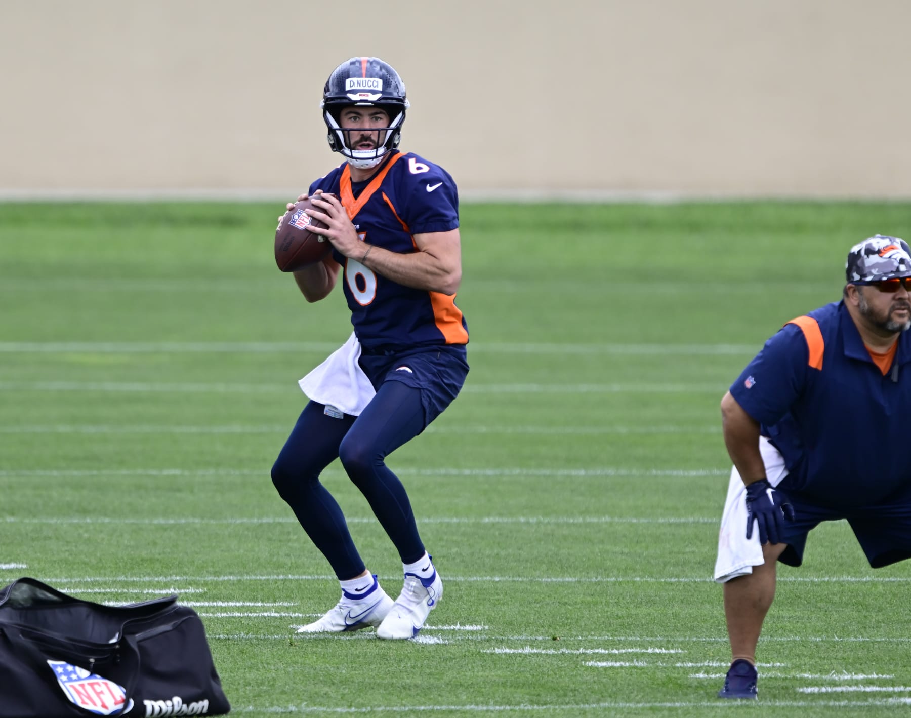 CENTENNIAL, CO - MAY 13: Denver Broncos QB Ben DiNucci (6) during Denver Broncos rookie mini camp at Dove Valley May 13, 2023. (Photo by Andy Cross/MediaNews Group/The Denver Post via Getty Images)
