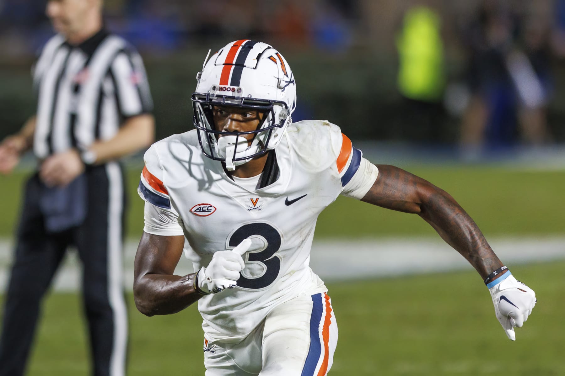 Virginia's Dontayvion Wicks (3) runs a route during the first half of an NCAA college football game against Duke in Durham, N.C., Saturday, Oct. 1, 2022. (AP Photo/Ben McKeown)