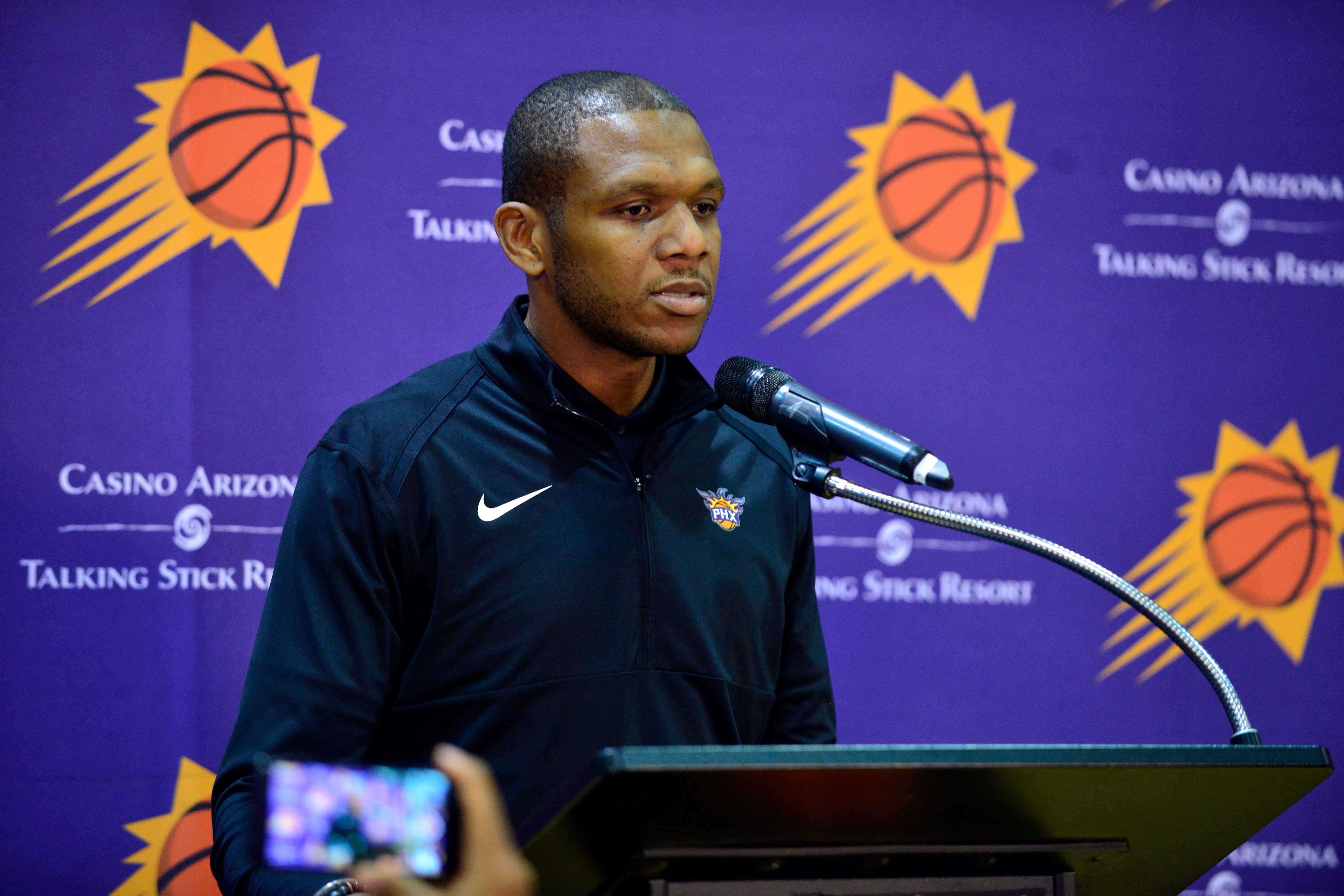 PHOENIX, AZ - SEPTEMBER 30: General Manager James Jonesof the Phoenix Suns speaks during media day on September 30, 2019 at Talking Stick Resort Arena in Phoenix, Arizona. NOTE TO USER: User expressly acknowledges and agrees that, by downloading and or using this Photograph, user is consenting to the terms and conditions of the Getty Images License Agreement. Mandatory Copyright Notice: Copyright 2019 NBAE (Photo by Barry Gossage NBAE via Getty Images)