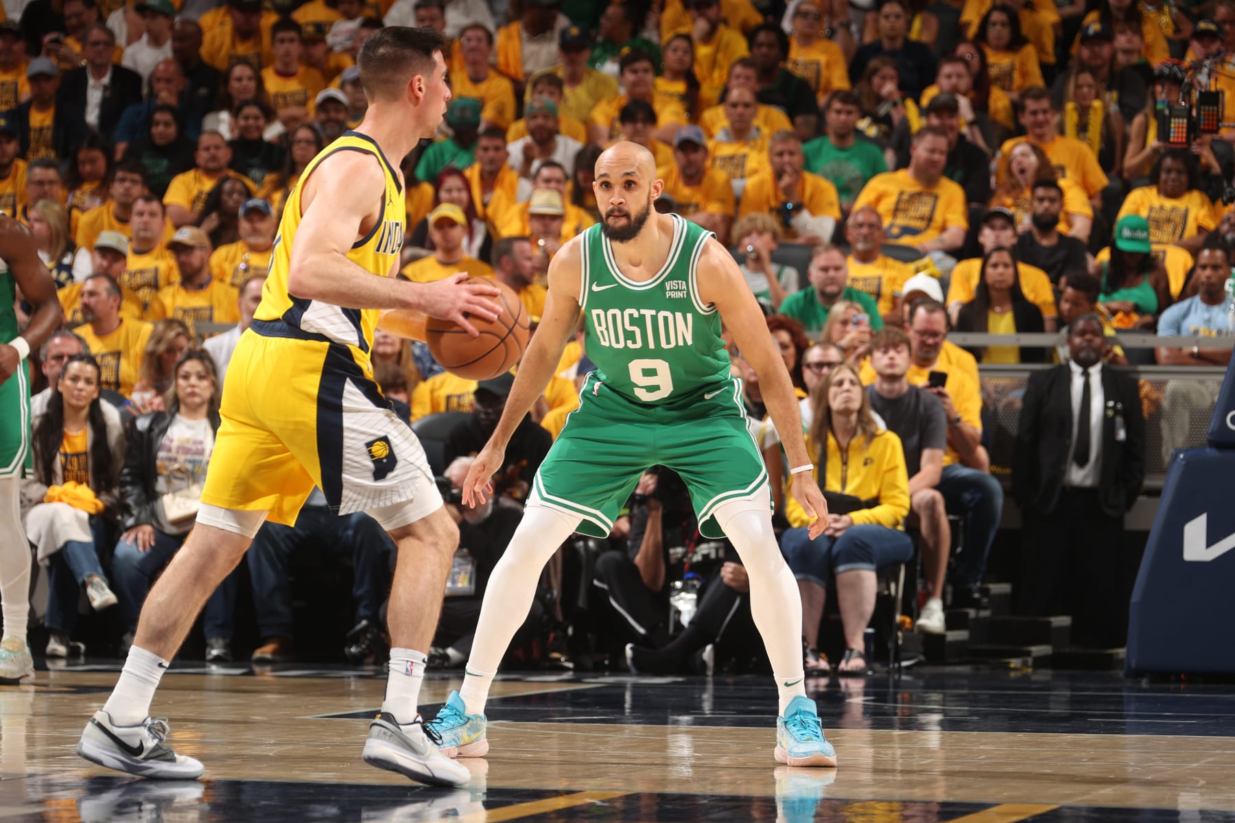 INDIANAPOLIS, IN - MAY 27: Derrick White #9 of the Boston Celtics plays defense during the game against the Indiana Pacersduring Game 4 of the Eastern Conference Finals of the 2024 NBA Playoffs on May 27, 2024 at Gainbridge Fieldhouse in Indianapolis, Indiana. NOTE TO USER: User expressly acknowledges and agrees that, by downloading and or using this Photograph, user is consenting to the terms and conditions of the Getty Images License Agreement. Mandatory Copyright Notice: Copyright 2024 NBAE (Photo by Nathaniel S. Butler/NBAE via Getty Images)