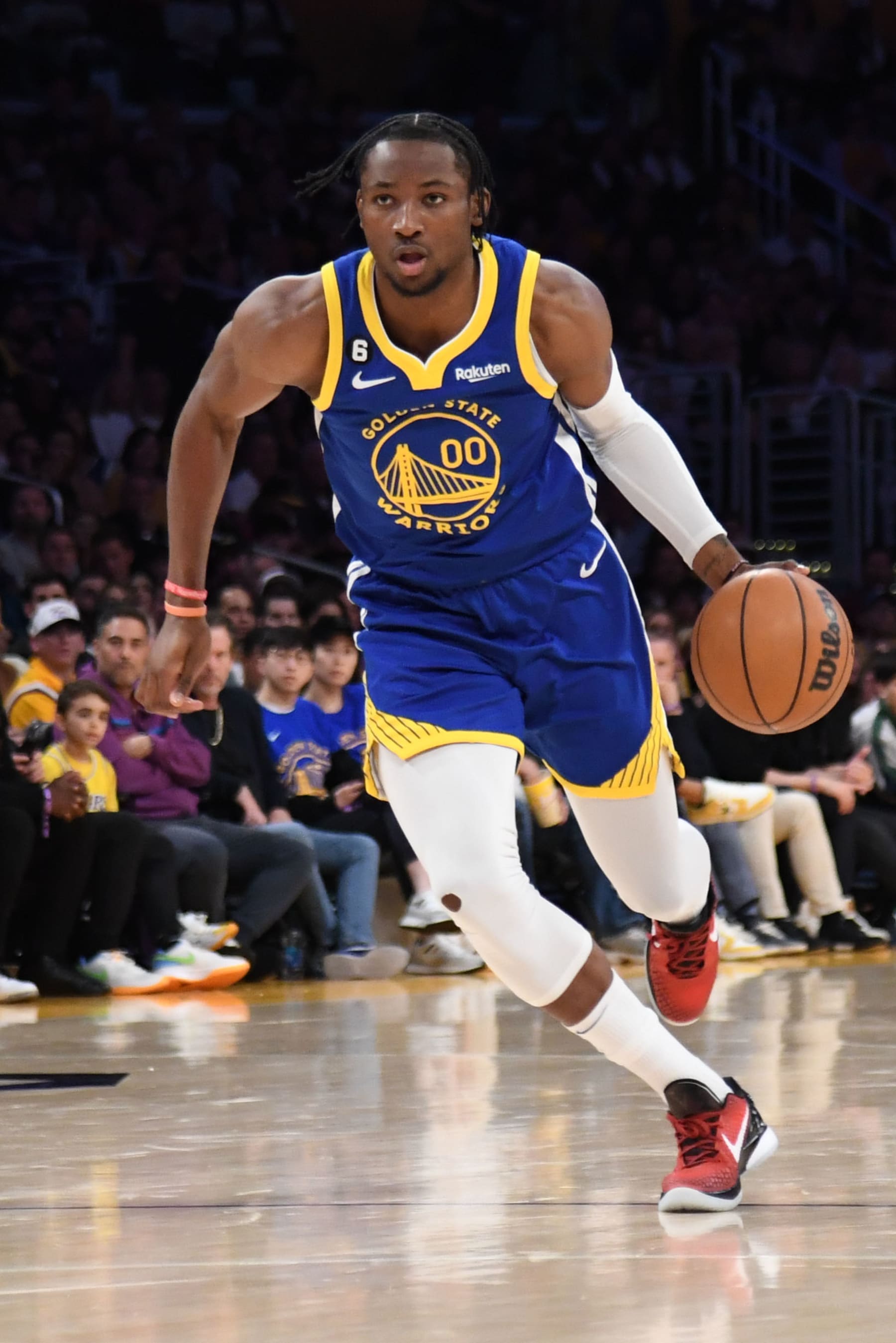 LOS ANGELES, CA - MAY 6: Jonathan Kuminga #00 of the Golden State Warriors dribbles the ball during the game against the Los Angeles Lakers during the Western Conference Semi Finals during the 2023 NBA Playoffs on May 6, 2023 at Crypto.Com Arena in Los Angeles, California. NOTE TO USER: User expressly acknowledges and agrees that, by downloading and/or using this Photograph, user is consenting to the terms and conditions of the Getty Images License Agreement. Mandatory Copyright Notice: Copyright 2023 NBAE (Photo by Noah Graham/NBAE via Getty Images)