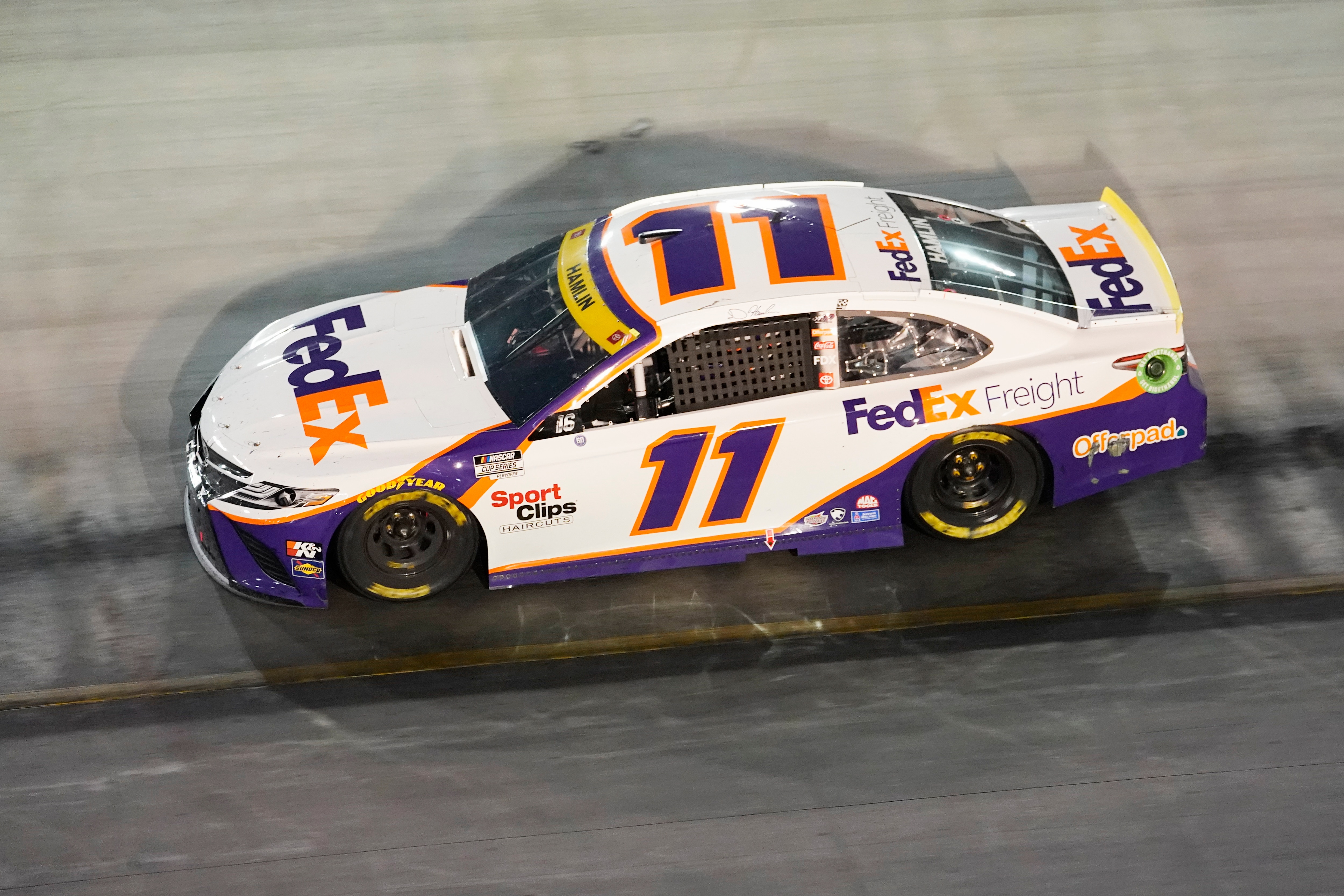 Denny Hamlin drives during a NASCAR Cup Series auto race at Bristol Motor Speedway Saturday, Sept. 18, 2021, in Bristol, Tenn. (AP Photo/Mark Humphrey) Denny Hamlin drives during a NASCAR Cup Series auto race at Bristol Motor Speedway Saturday, Sept. 18, 2021, in Bristol, Tenn. (AP Photo/Mark Humphrey)