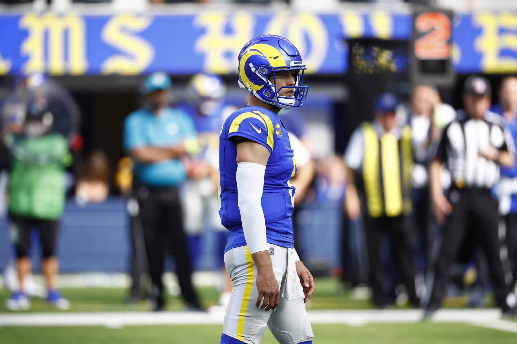 INGLEWOOD, CALIFORNIA - OCTOBER 22:  Matthew Stafford #9 of the Los Angeles Rams at SoFi Stadium on October 22, 2023 in Inglewood, California. (Photo by Ronald Martinez/Getty Images)