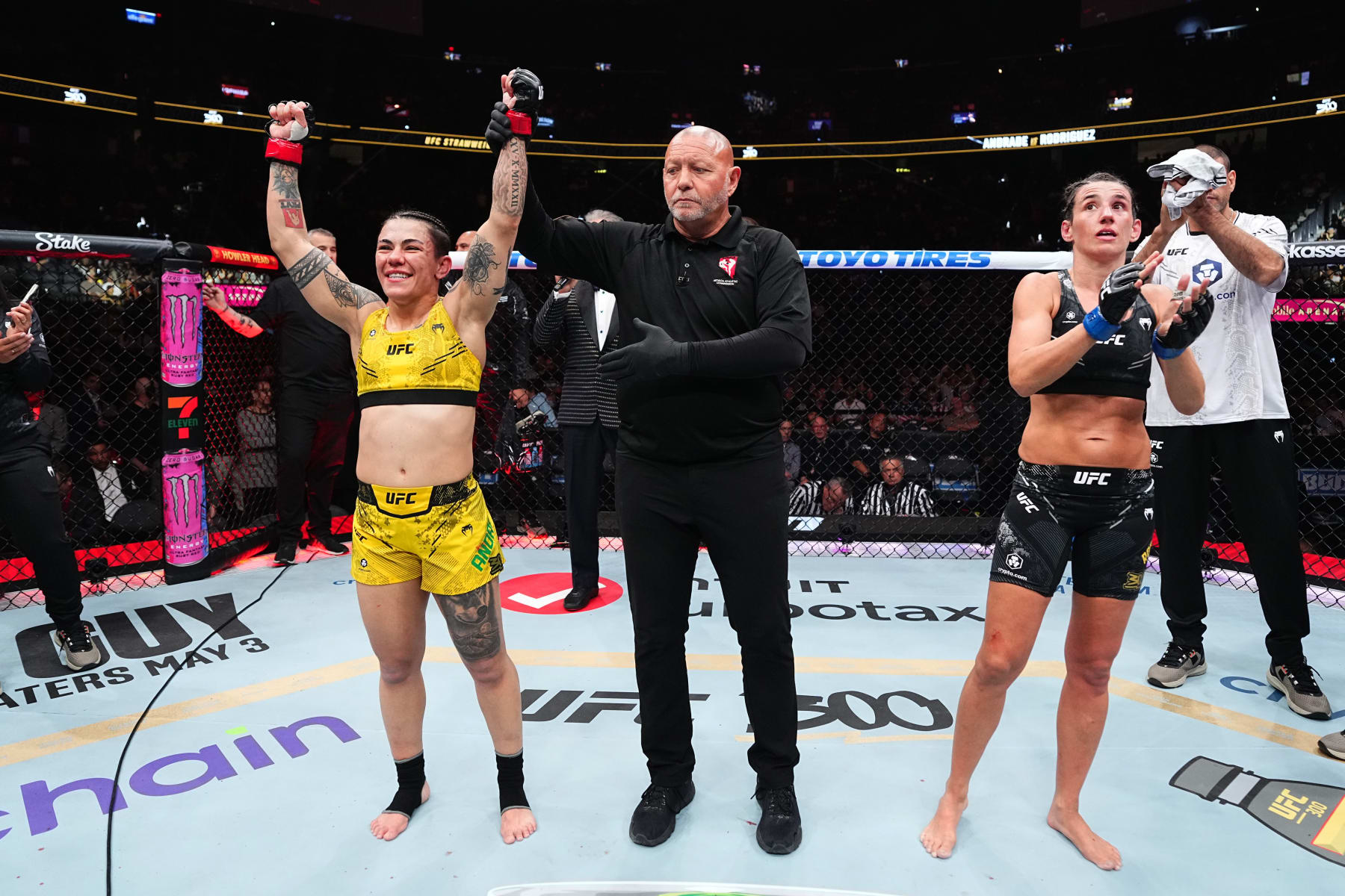 LAS VEGAS, NEVADA - APRIL 13: Jessica Andrade of Brazil reacts to the decision over Marina Rodriguez of Brazil in a strawweight fight during the UFC 300 event at T-Mobile Arena on April 13, 2024 in Las Vegas, Nevada.  (Photo by Jeff Bottari/Zuffa LLC via Getty Images)