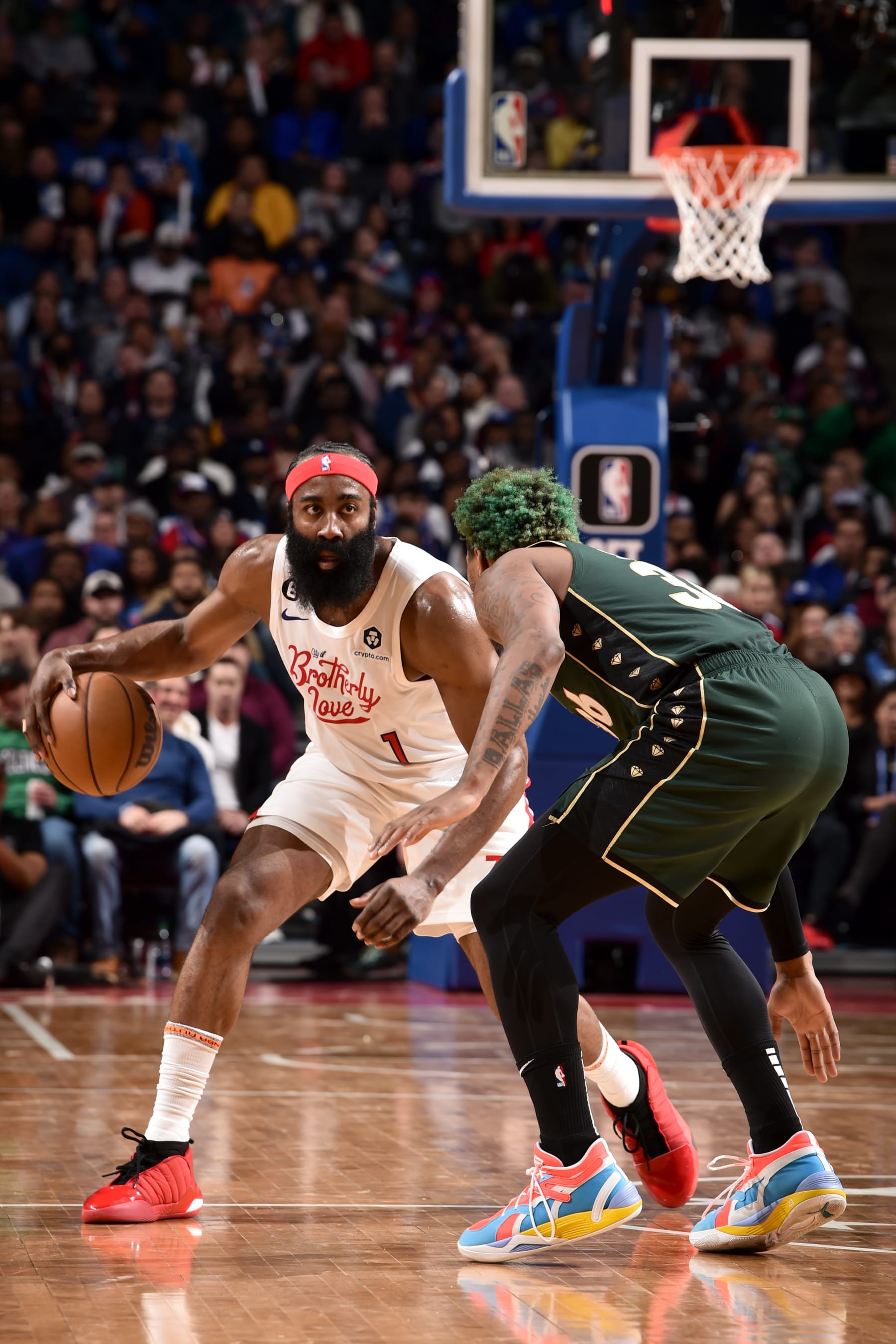 PHILADELPHIA, PA - FEBRUARY 25: James Harden #1 of the Philadelphia 76ers dribbles the ball during the game against the Boston Celtics on February 25, 2023 at the Wells Fargo Center in Philadelphia, Pennsylvania NOTE TO USER: User expressly acknowledges and agrees that, by downloading and/or using this Photograph, user is consenting to the terms and conditions of the Getty Images License Agreement. Mandatory Copyright Notice: Copyright 2023 NBAE (Photo by David Dow/NBAE via Getty Images)