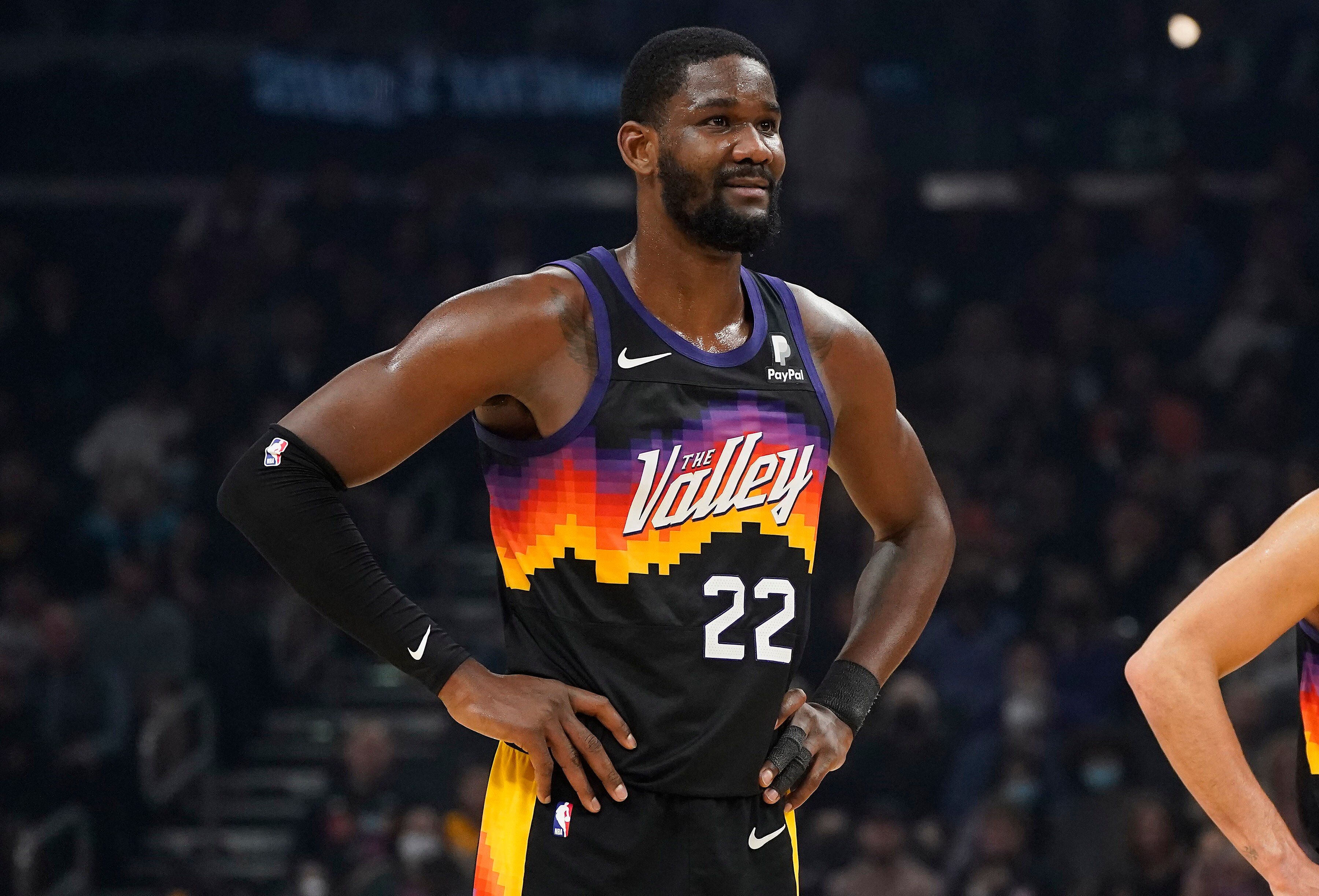 Phoenix Suns' Deandre Ayton (22) during an NBA basketball game against the Miami Heat Saturday, Jan. 8, 2022, in Phoenix. (AP Photo/Darryl Webb)