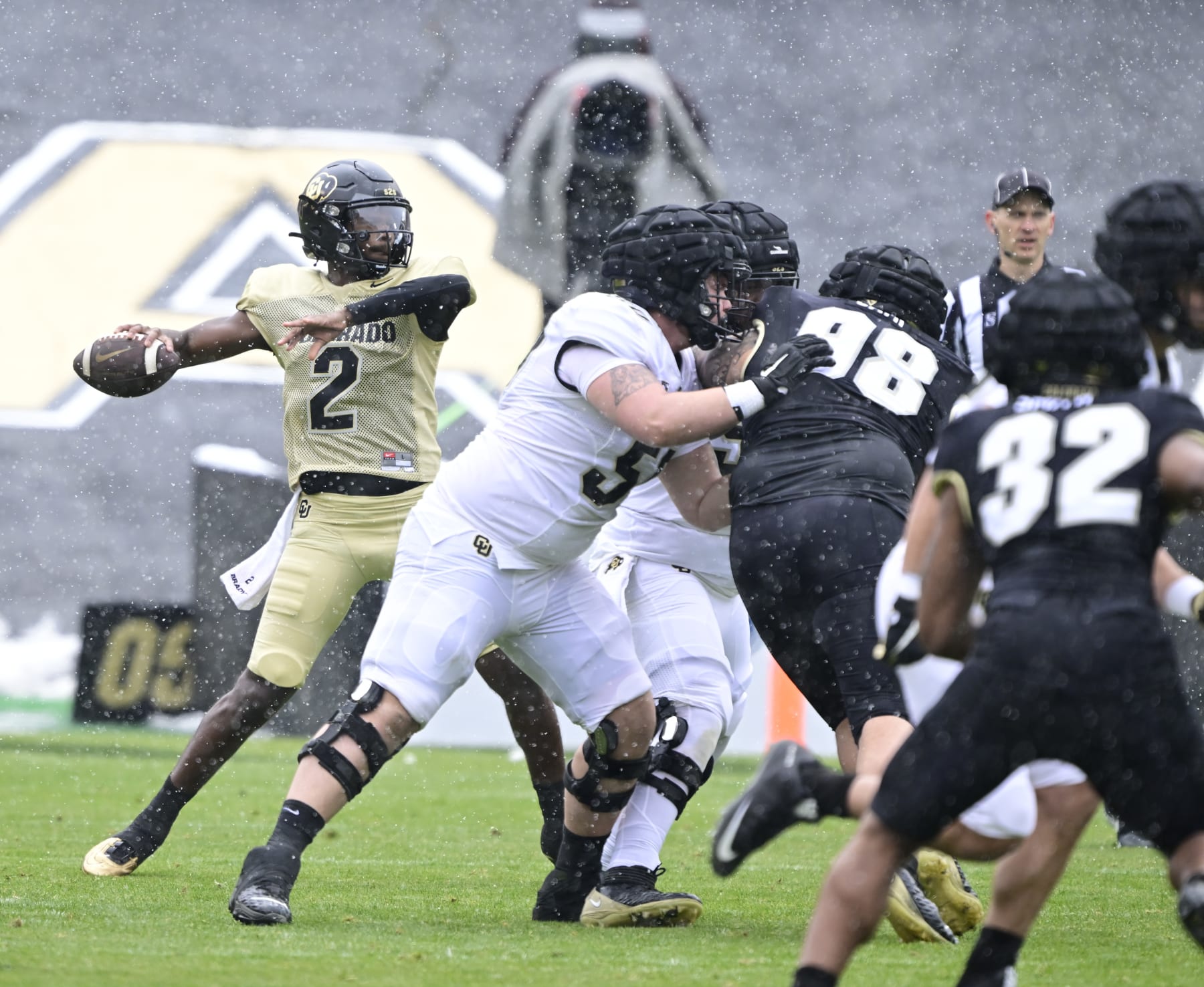 BOULDER, CO - APRIL 22: Colorado Buffaloes QB Shedeur Sanders (2) first throw in the first quarter of the Black and Gold game at Folsom Field April 22, 2023. (Photo by Andy Cross/MediaNews Group/The Denver Post via Getty Images)