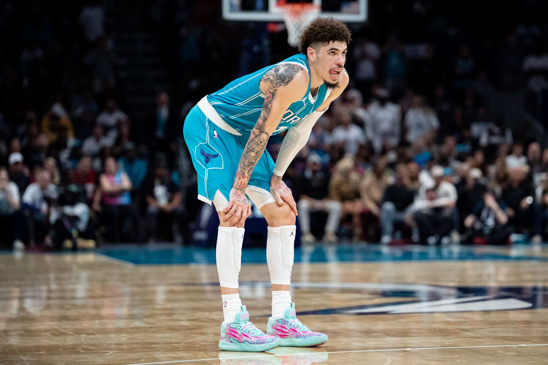 CHARLOTTE, NORTH CAROLINA - OCTOBER 26: LaMelo Ball #1 of the Charlotte Hornets looks on against the Miami Heat during their game at Spectrum Center on October 26, 2024 in Charlotte, North Carolina. NOTE TO USER: User expressly acknowledges and agrees that, by downloading and or using this photograph, User is consenting to the terms and conditions of the Getty Images License Agreement. (Photo by Jacob Kupferman/Getty Images)